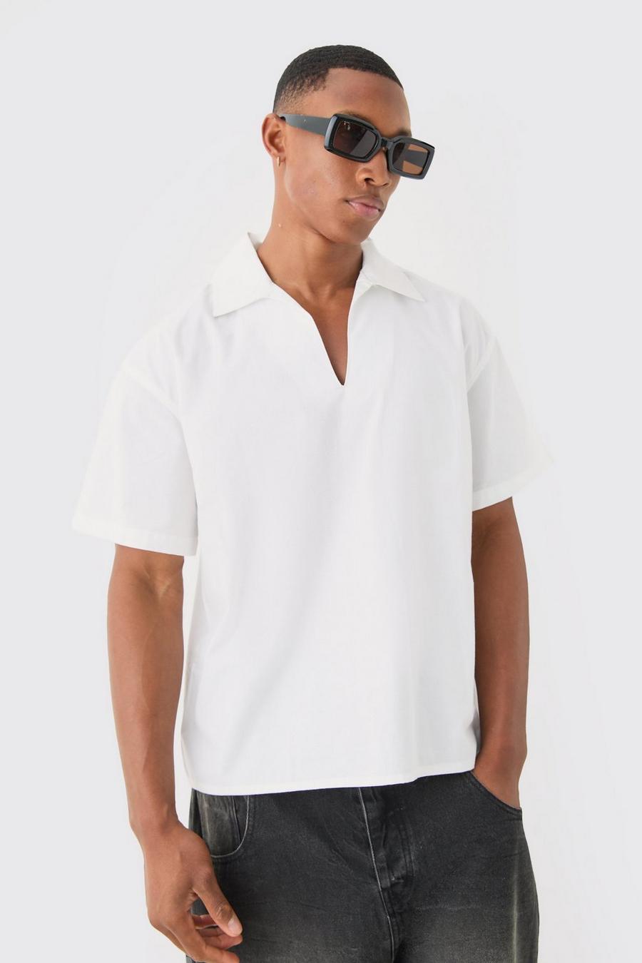 White Boxy Drop Shoulder Poplin Overhemd Met Revers Kraag