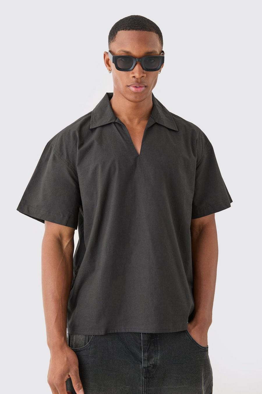 Black Boxy Drop Shoulder Poplin Overhemd Met Revers Kraag