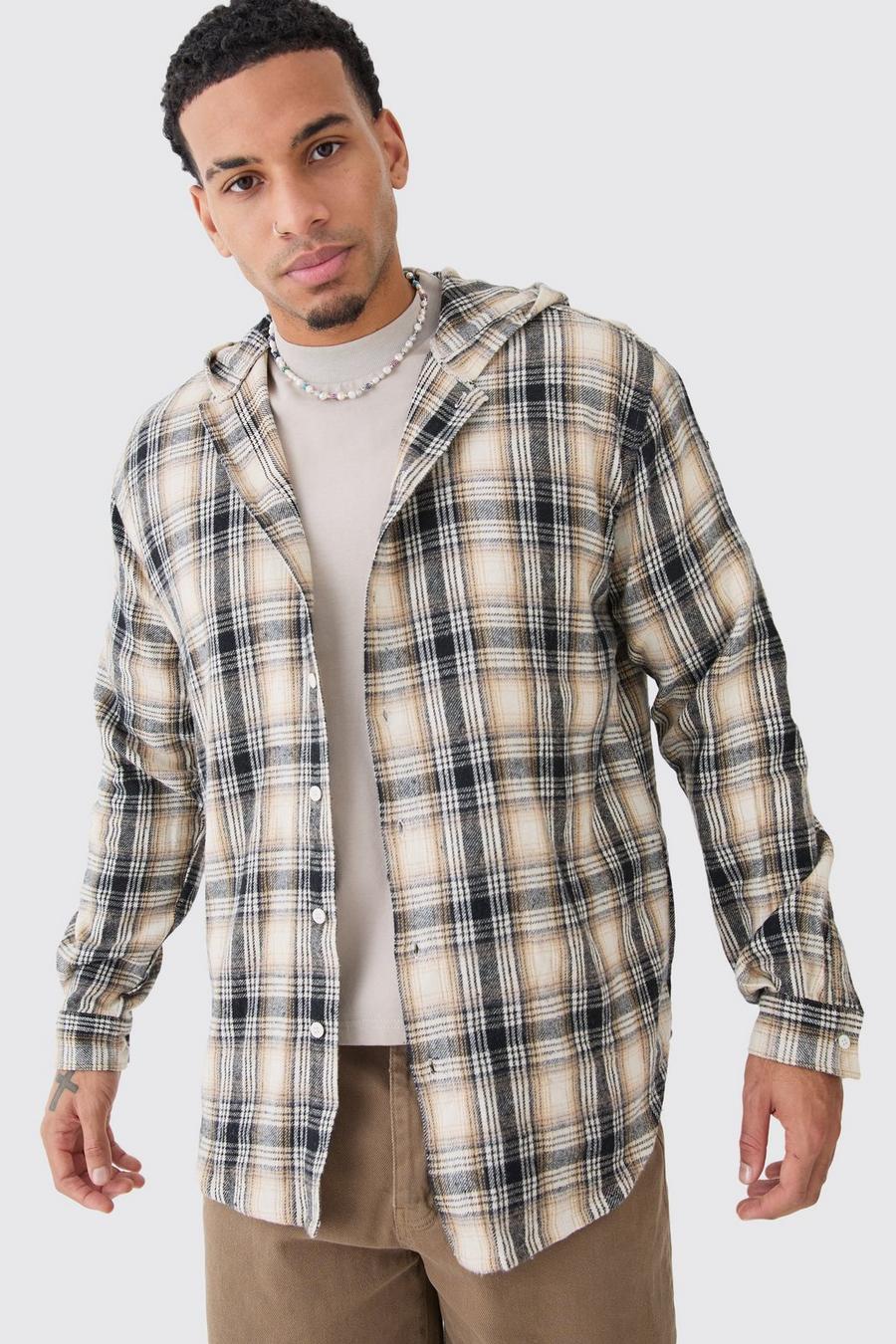 Camisa oversize de manga larga con capucha y estampado de cuadros y botones, Multi