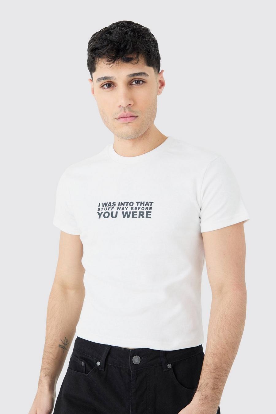 White Shrunken T-shirt med slogan och tjockt interlock image number 1