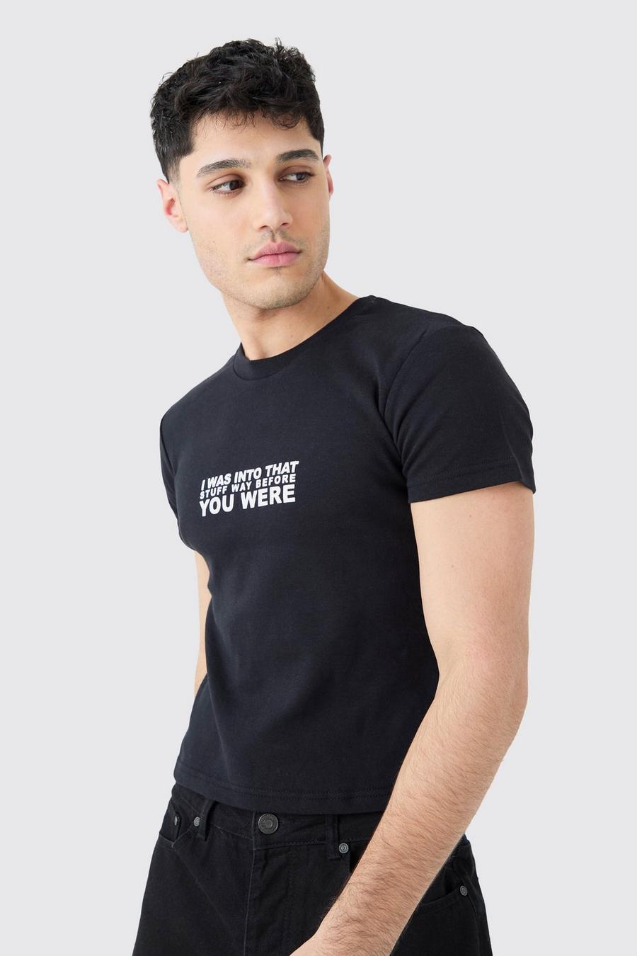 Black Shrunken T-shirt med slogan och tjockt interlock