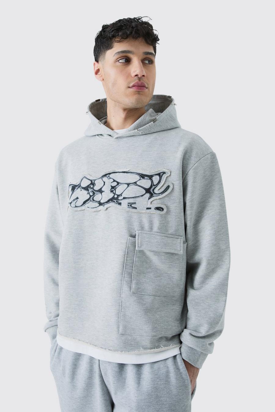 Grey marl Oversized Boxy Heavy Distressed Applique Hoodie