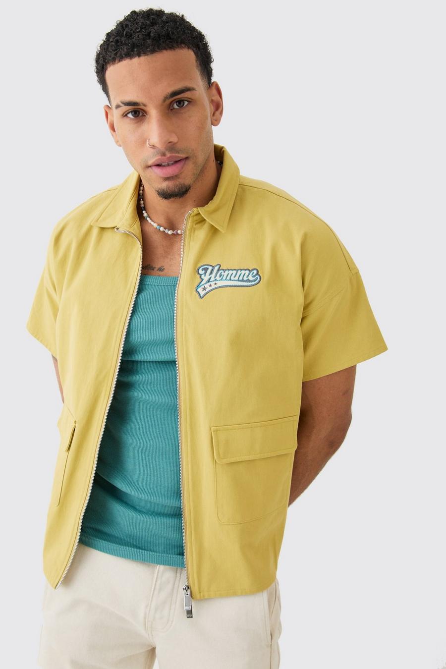 Camicia stile Varsity in twill con zip, Mustard