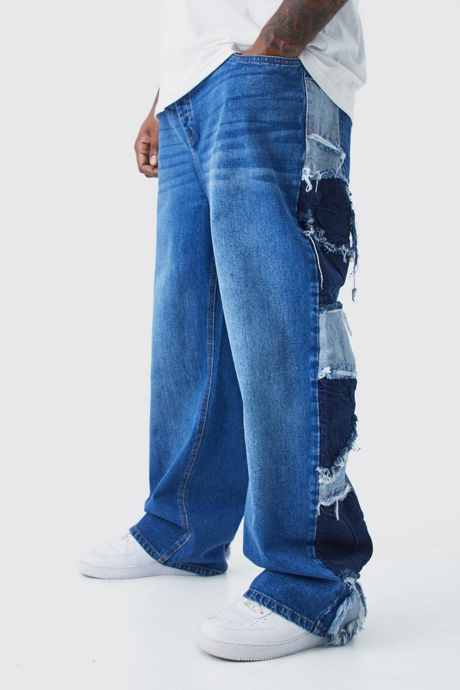 Jeans rilassati Plus Size in denim rigido effetto patchwork con pannelli laterali, Mid blue