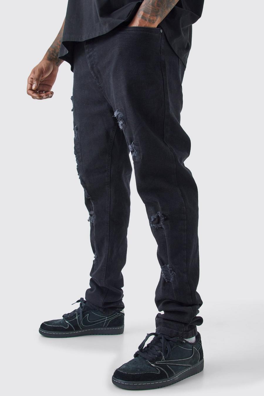 Jeans Plus Size Skinny Fit strappati con pieghe sul fondo e pieghe sul fondo, True black