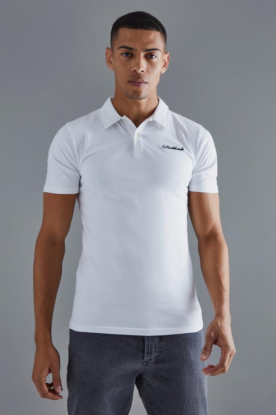 Slim-Fit Poloshirt mit Man-Stickerei, White image number 1