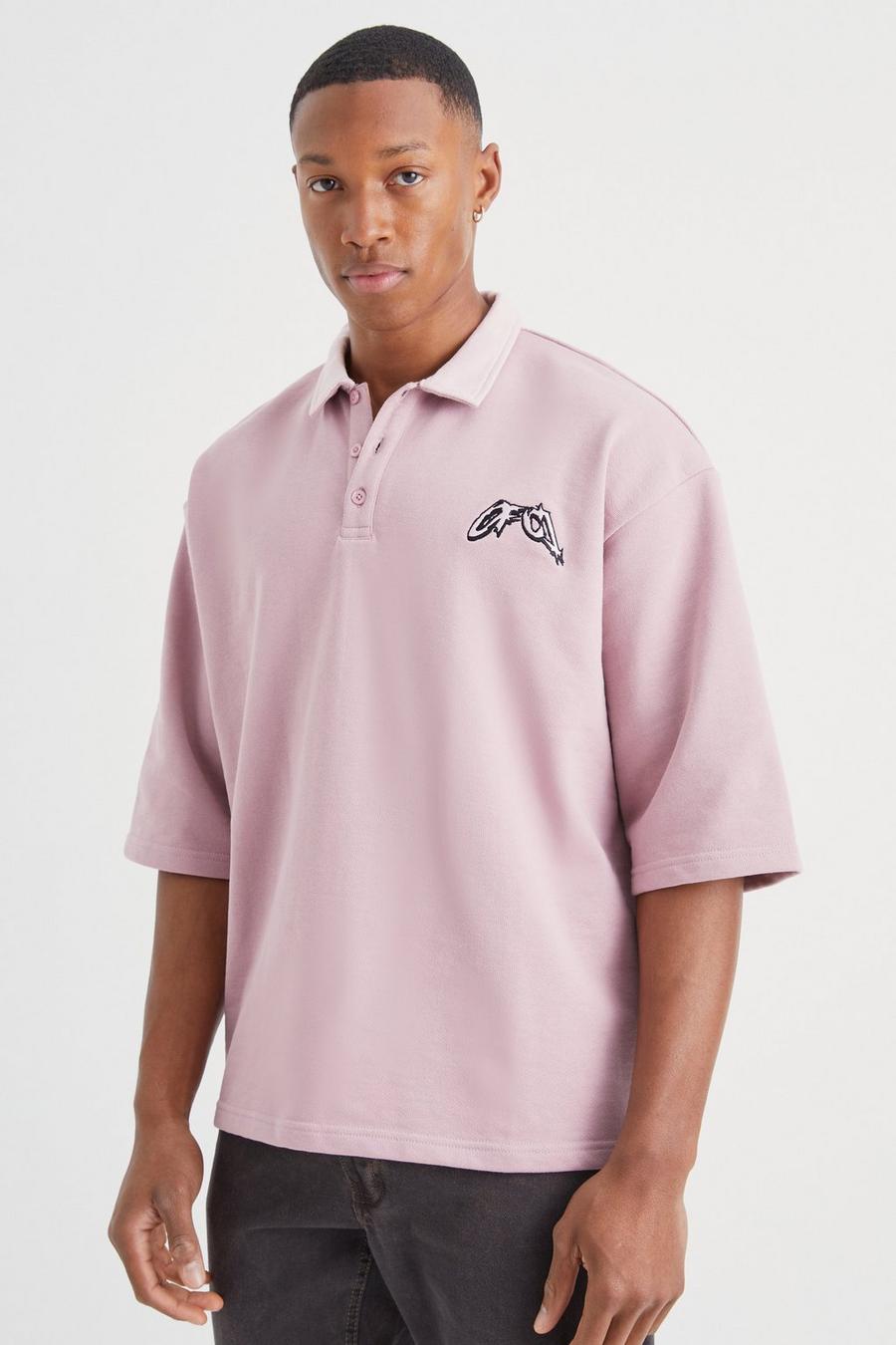 Kastiges Oversize Poloshirt mit Stickerei, Pink