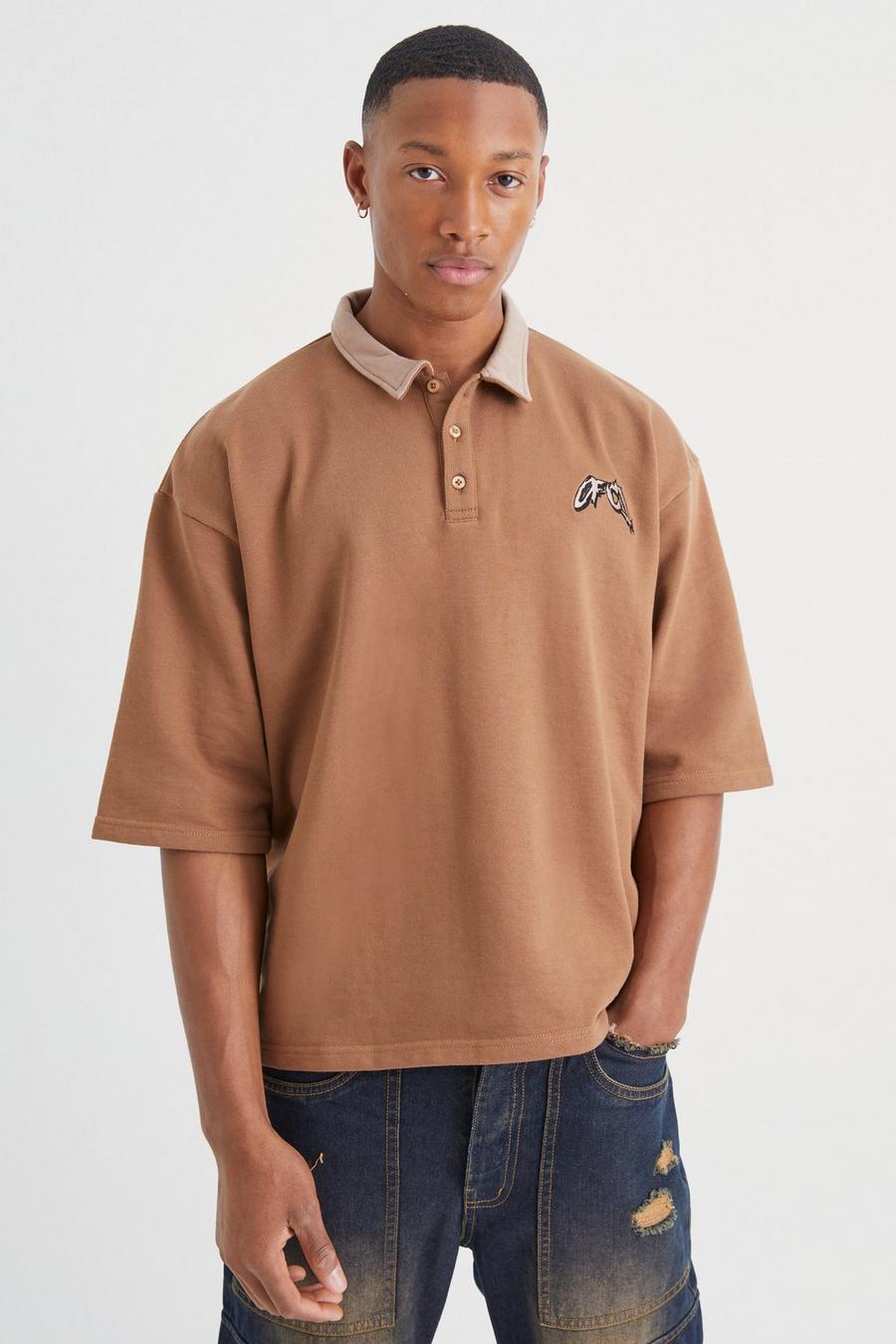 Brown Oversized Boxy Heavy Loopback Embroidered Polo image number 1