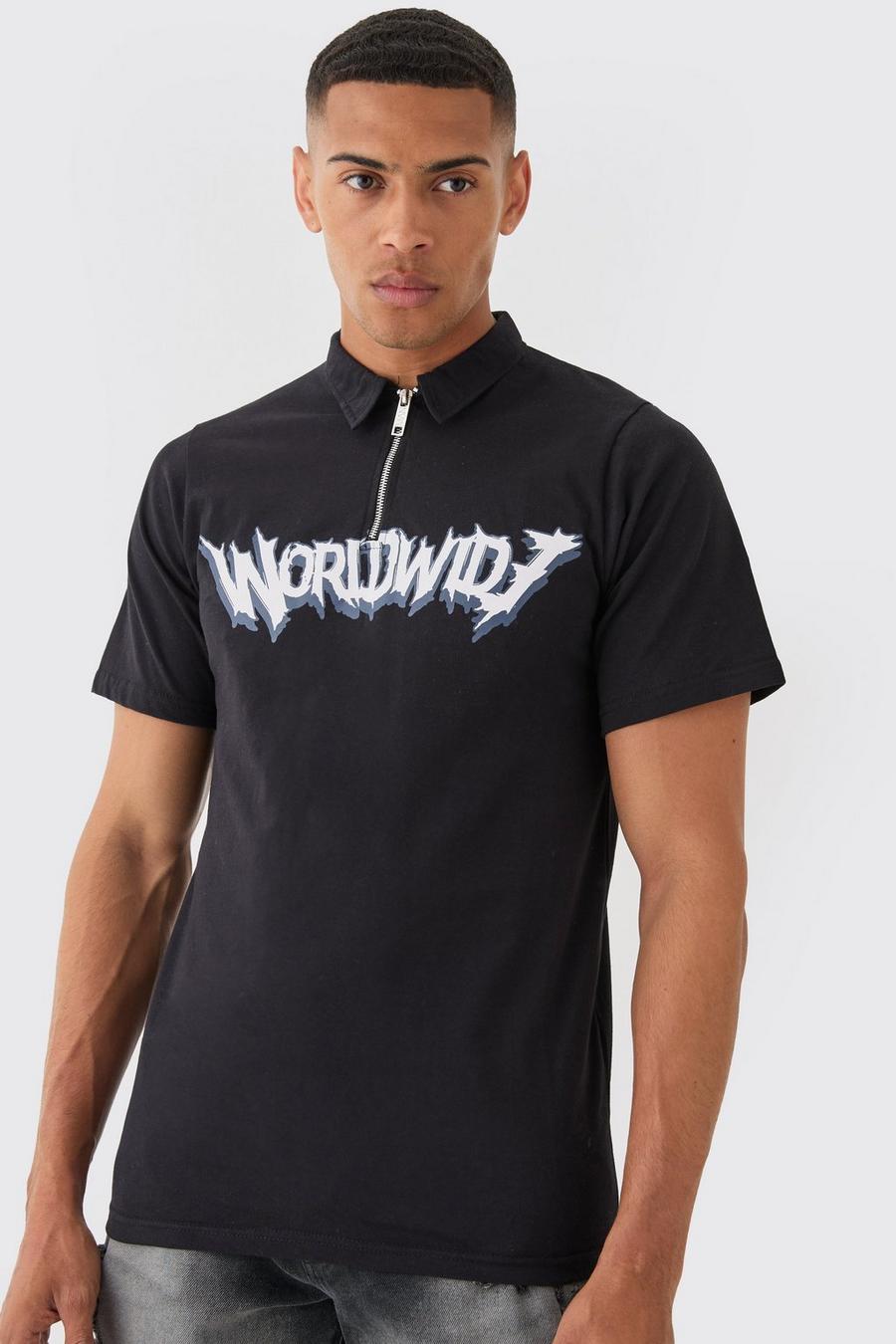 Poloshirt mit Worldwide-Print, Black