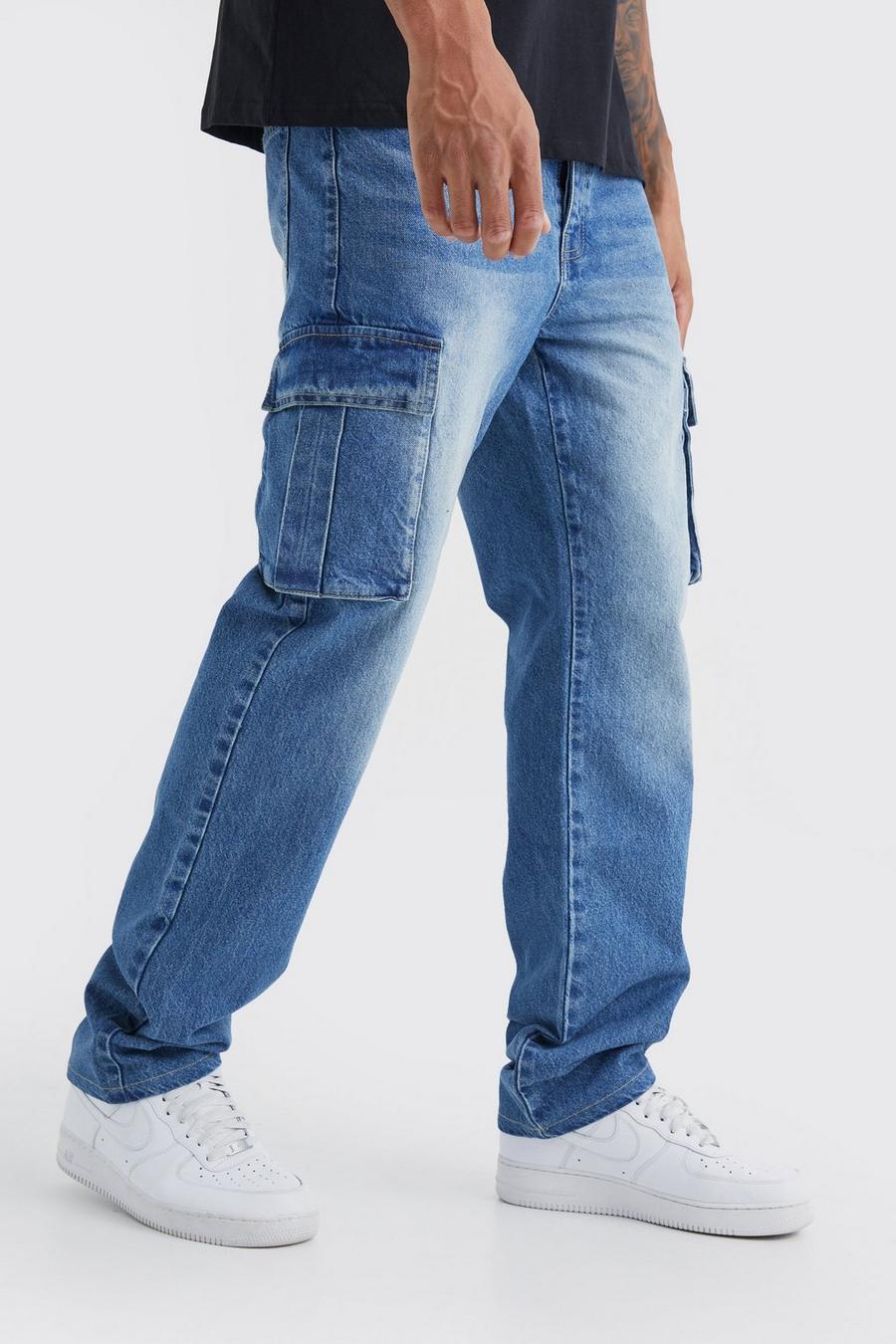 Tall lockere Cargo-Jeans, Mid blue