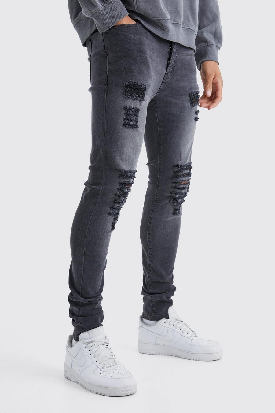 Charcoal Tall Skinny Jeans With All Over Rips