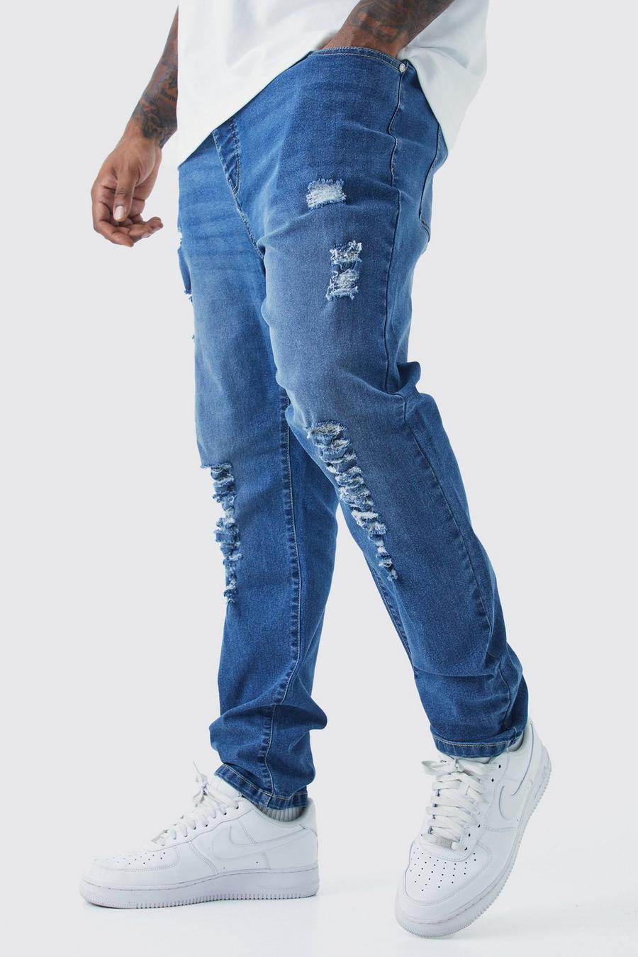 Mid blue Plus Skinny Jeans With All Over Rips