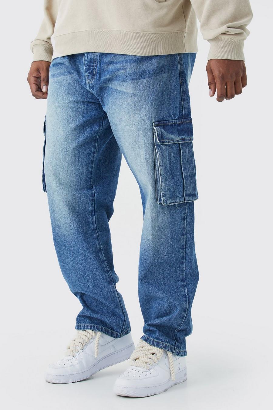 Mid blue Plus Onbewerkte Cargo Jeans Met Rechte Pijpen