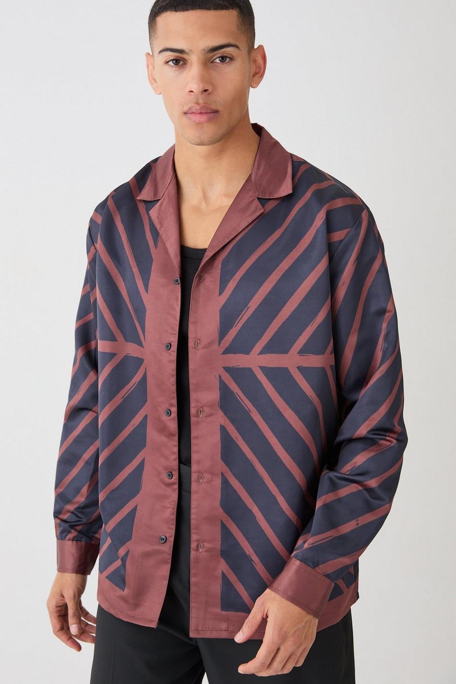 Camisa oversize de raso y manga larga con paneles, Rust