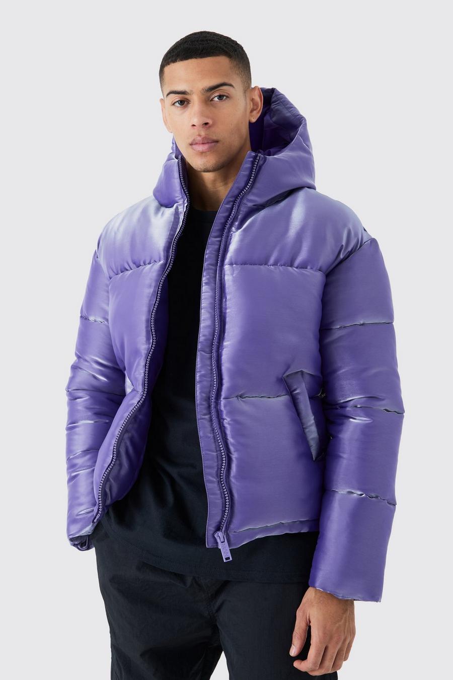 Purple Liquid Metallic Nylon Puffer Jacket
