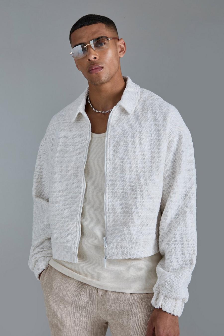 Giacca squadrata oversize in bouclé con zip, White image number 1