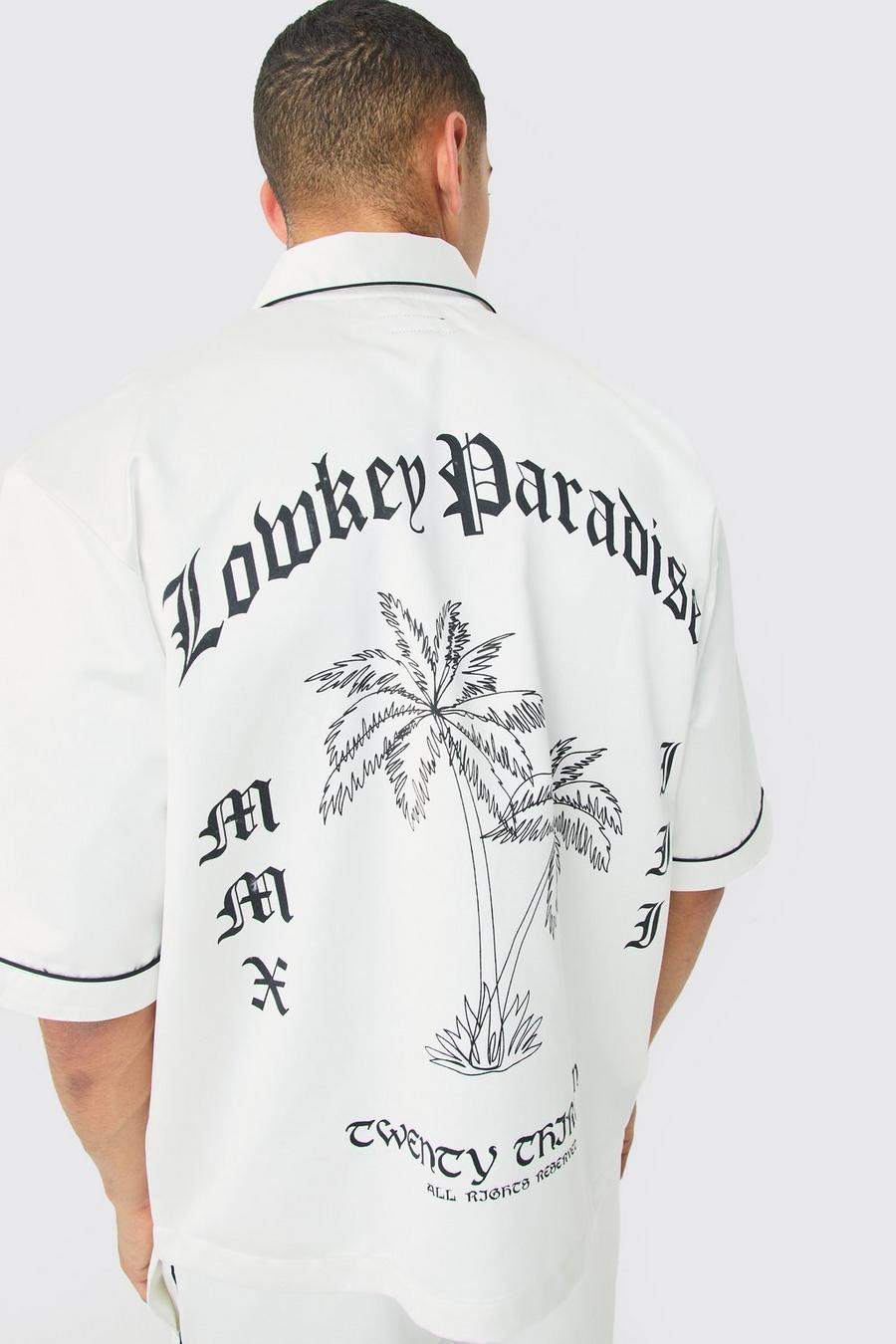Oversize Satin-Hemd mit Low Key Paradise Print, Stone