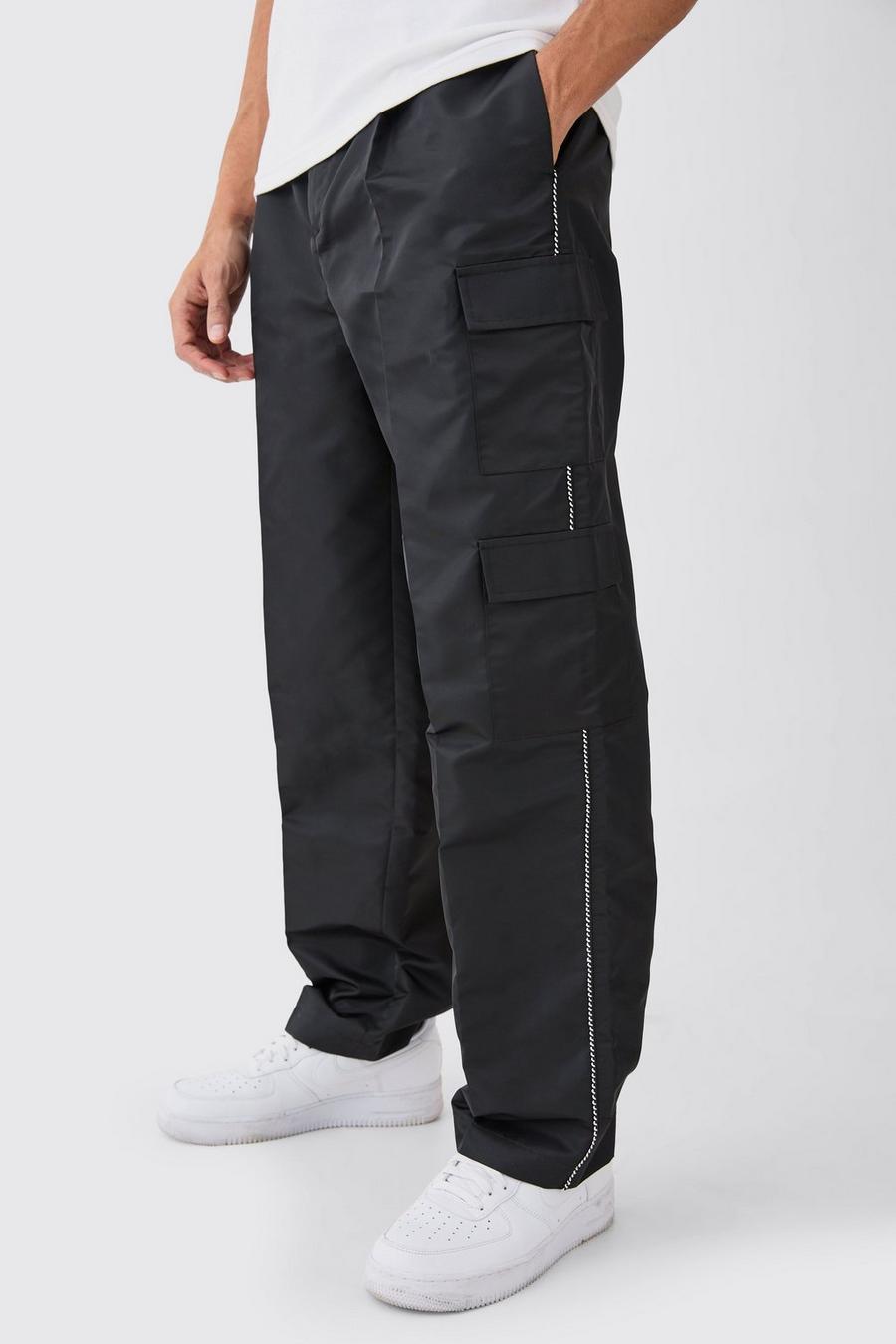 Black Fixed Waist Pipe Detail Cargo Nylon Trousers