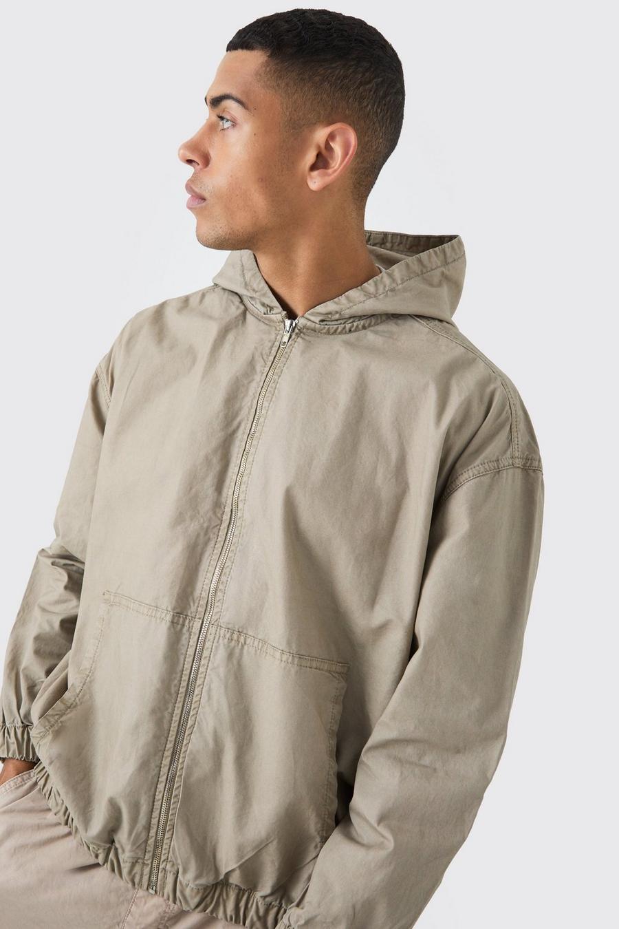 Stone Branded Plaque Detail Twill Hooded Overshirt