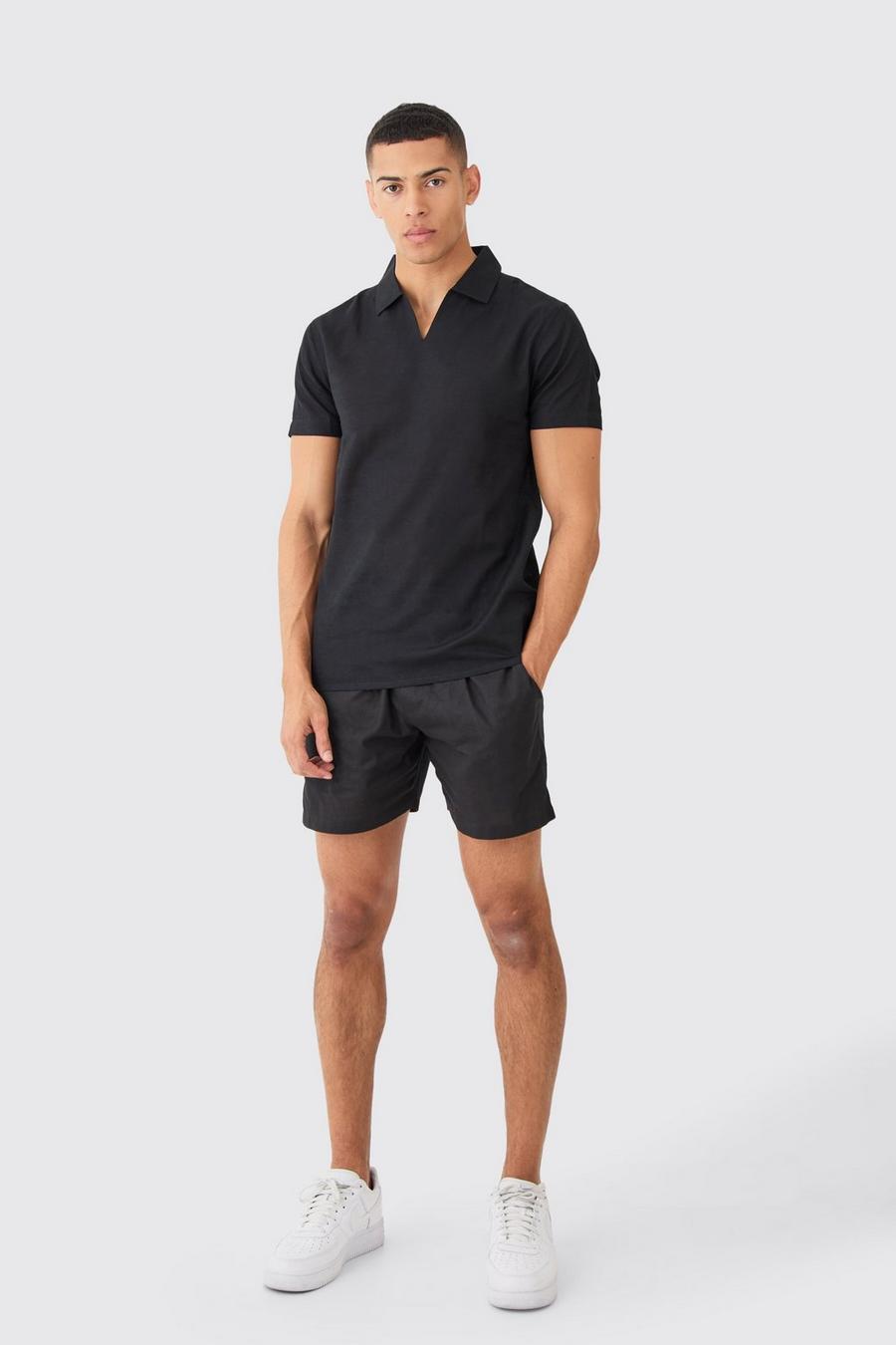 Black Short Sleeve Linen Overhead V Neck Shirt