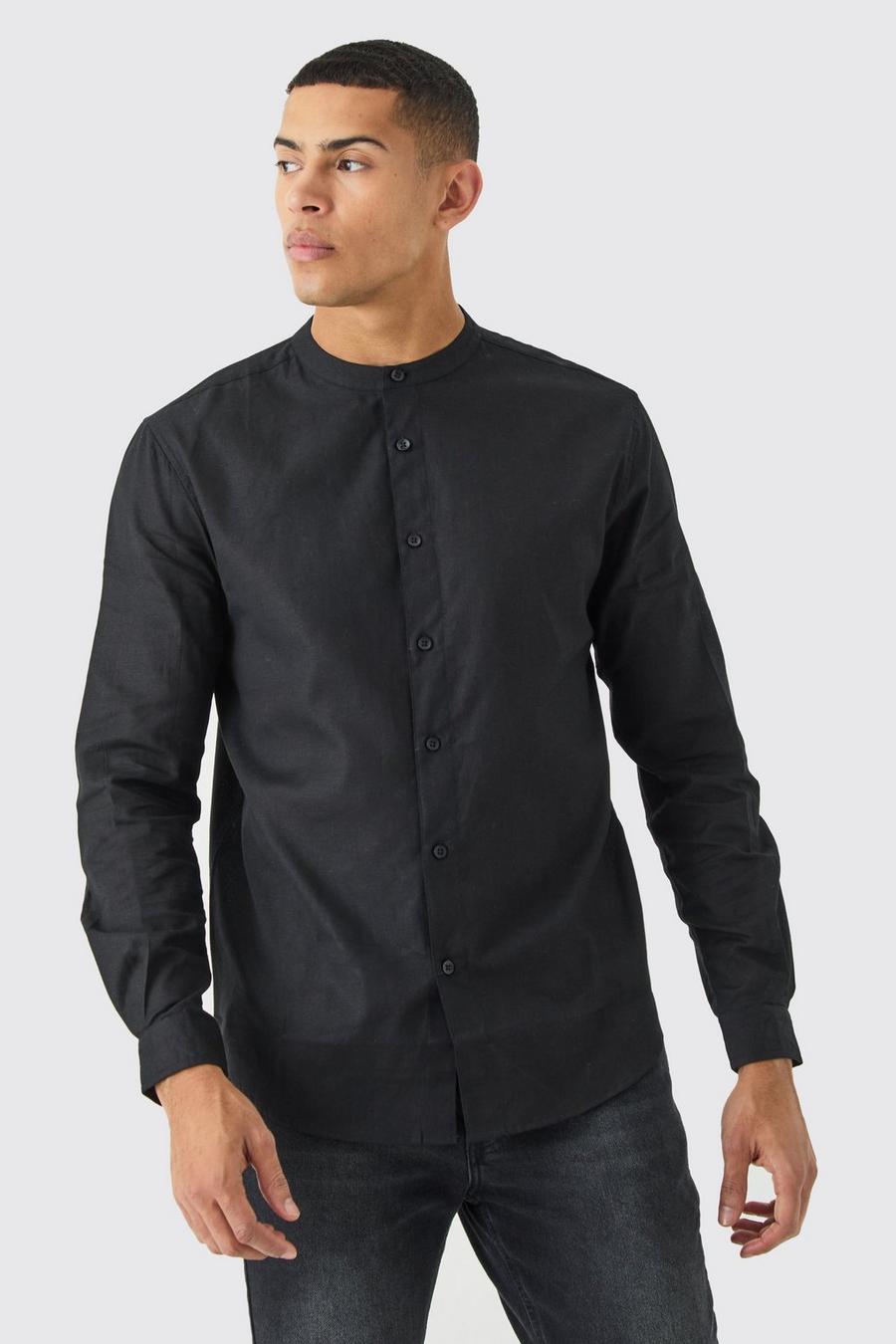 Black Long Sleeve Linen Grandad Collar Shirt image number 1