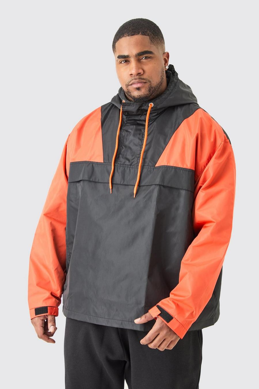 Orange Plus Oversized Man Half Zip Hooded Windbreaker