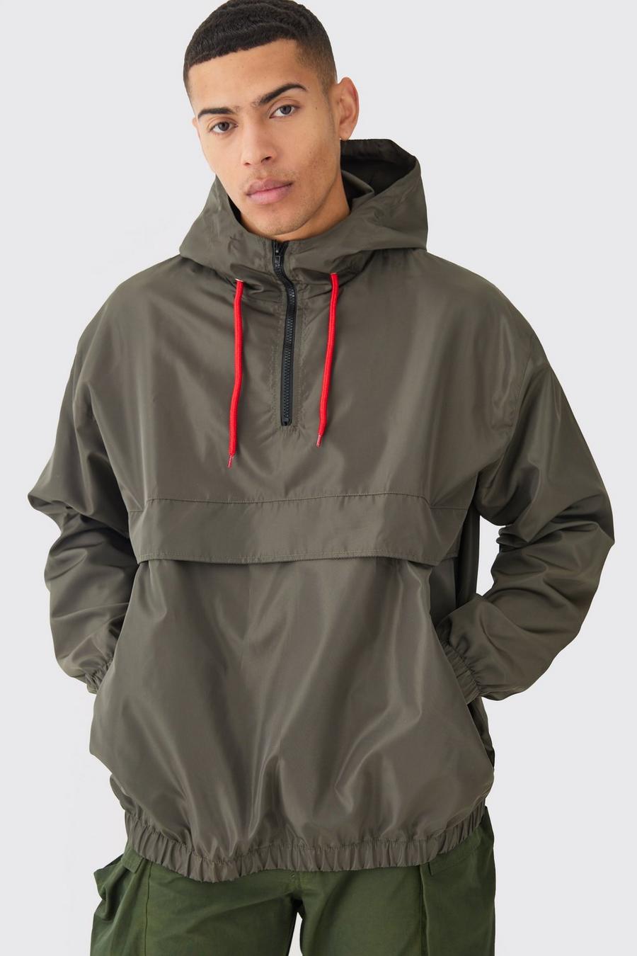 Khaki Oversized Windbreaker Met Capuchon En Korte Rits