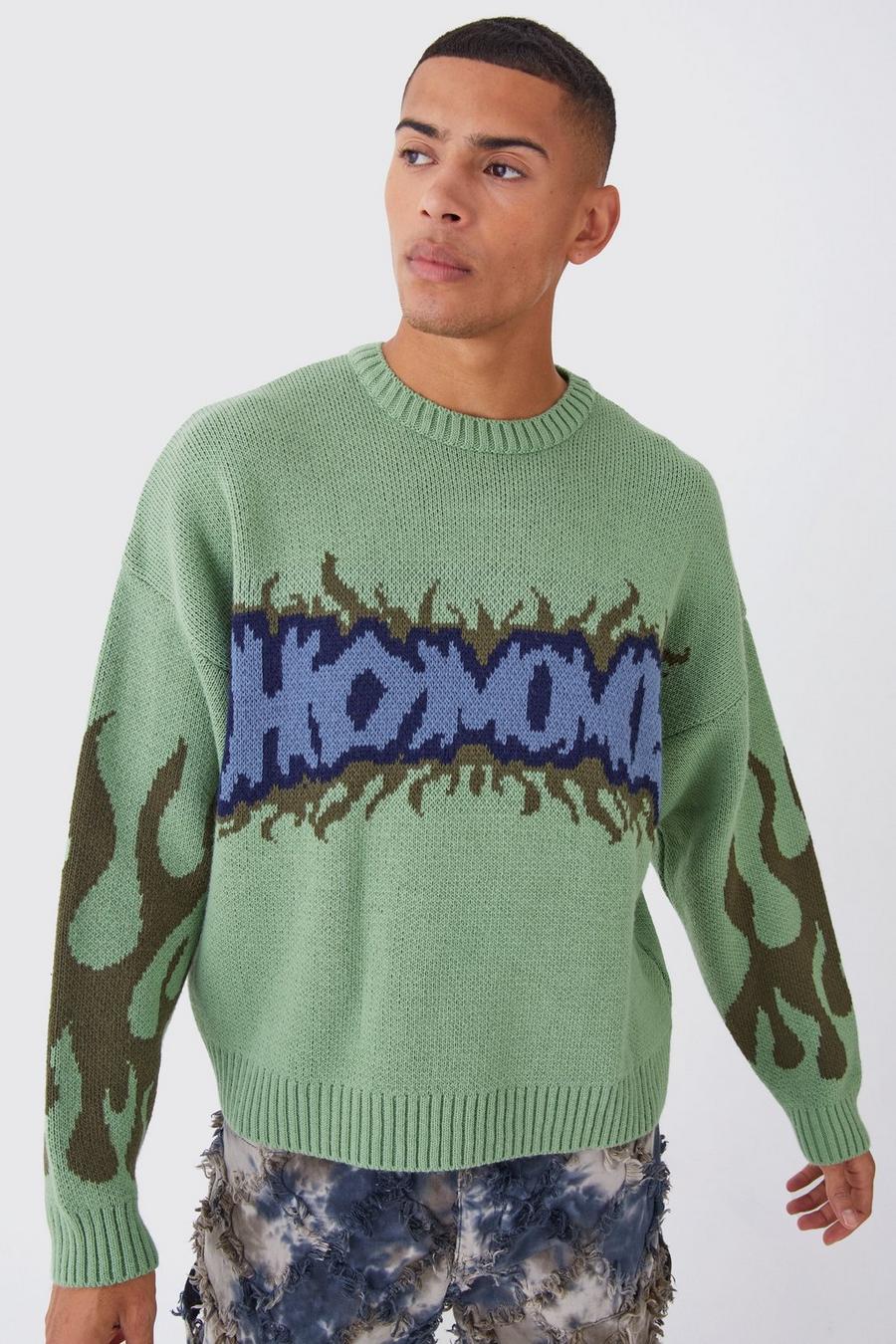 Kastiger Strickpullover mit Homme-Graffiti, Sage