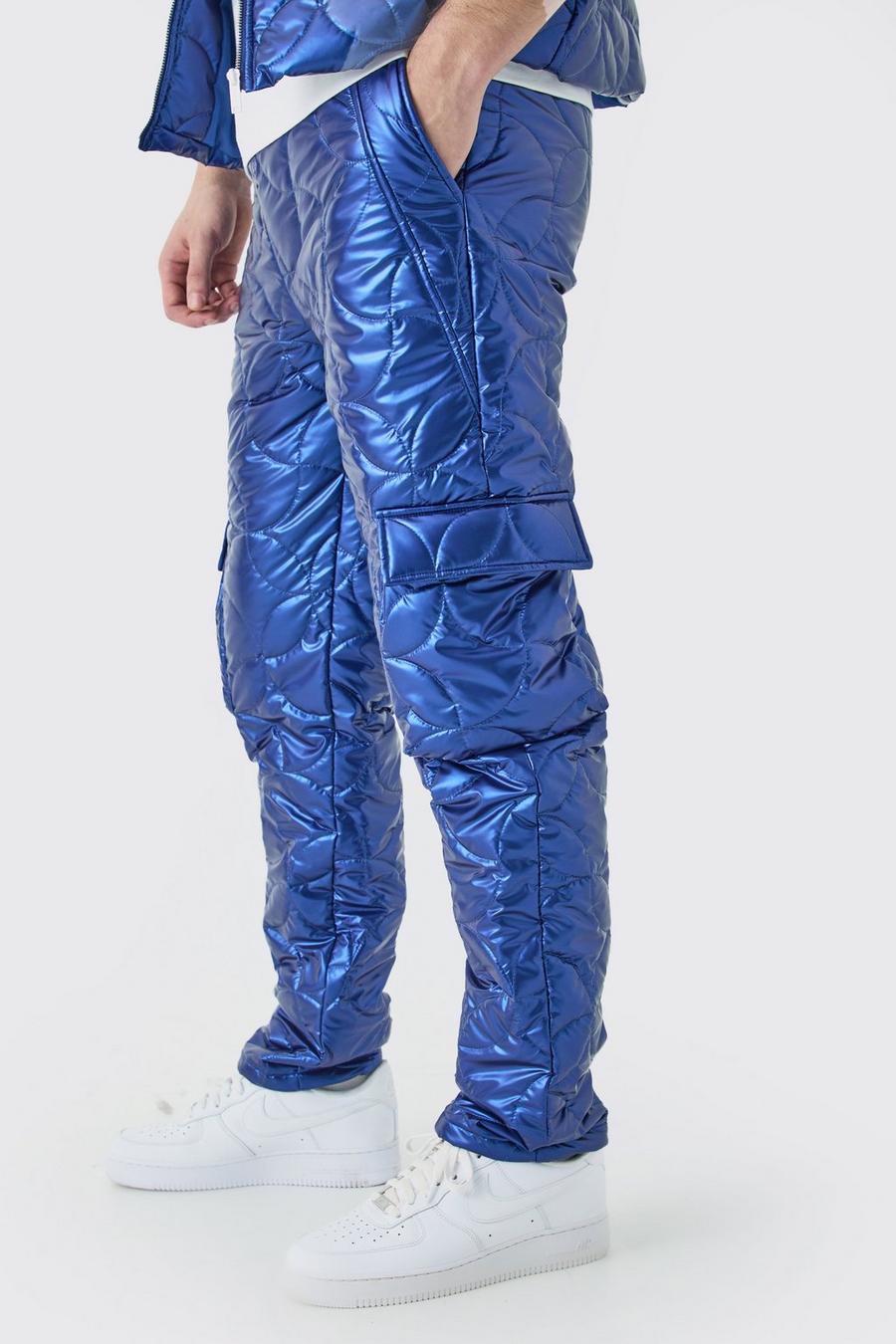 Blue Tall Elasticated Waist Metallic Quilted Cargo Trousers