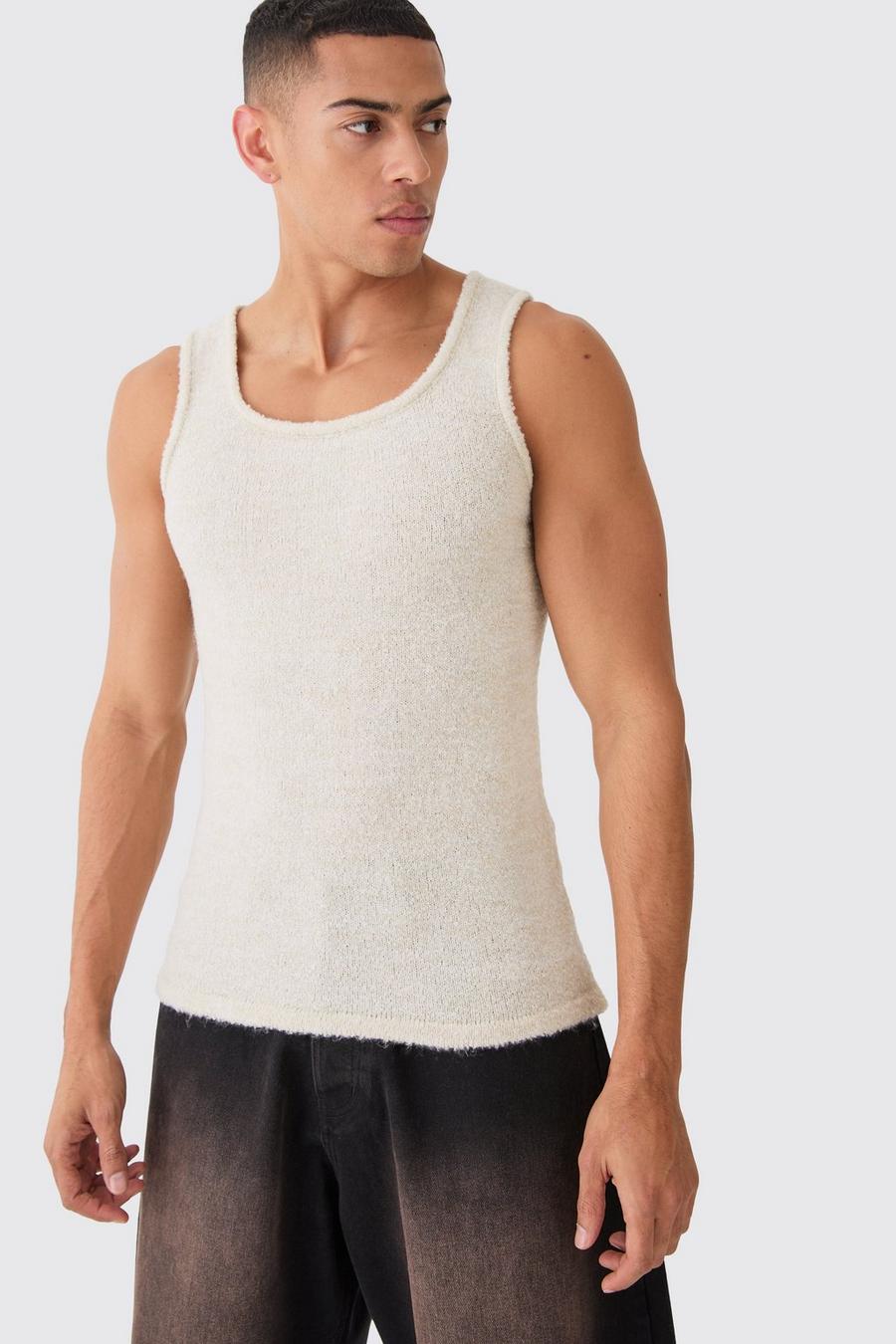 Ecru Muscle Fit Boucle Textured Knitted Vest