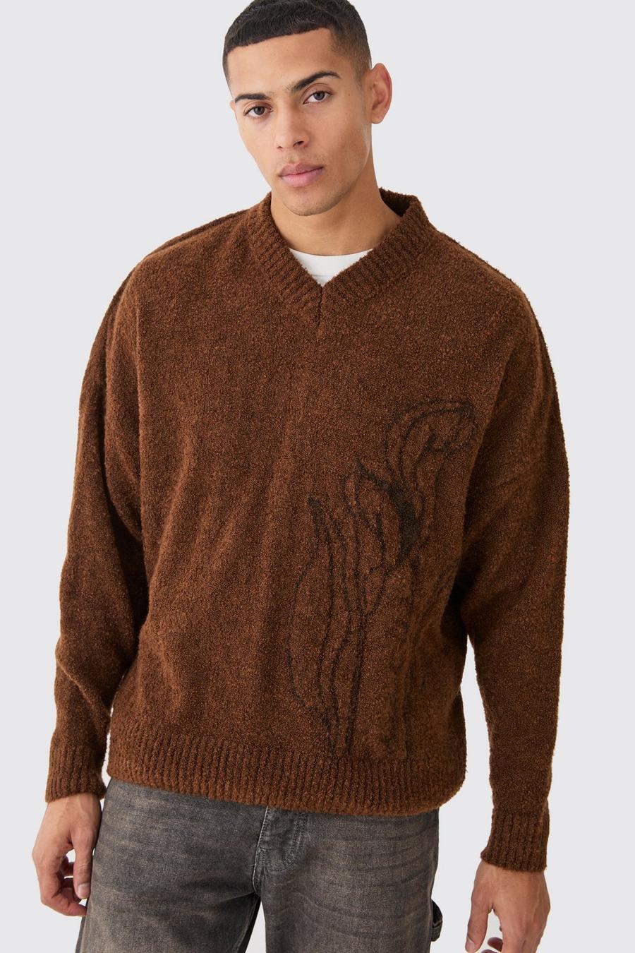 Rust Boxy V Neck Boucle Textured Knit Jumper