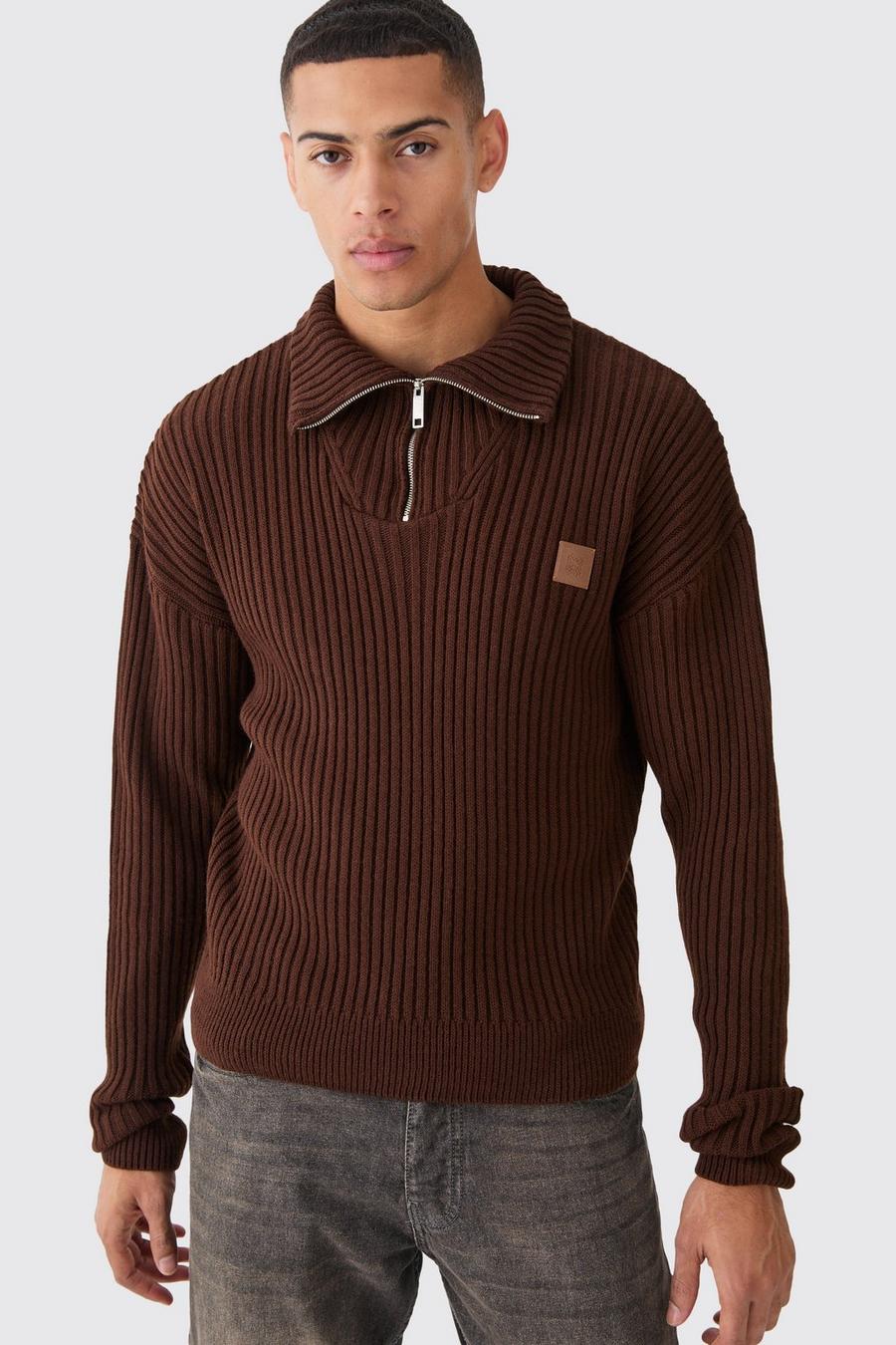 Maglione in maglia a coste con collo a imbuto, zip corta, Rust