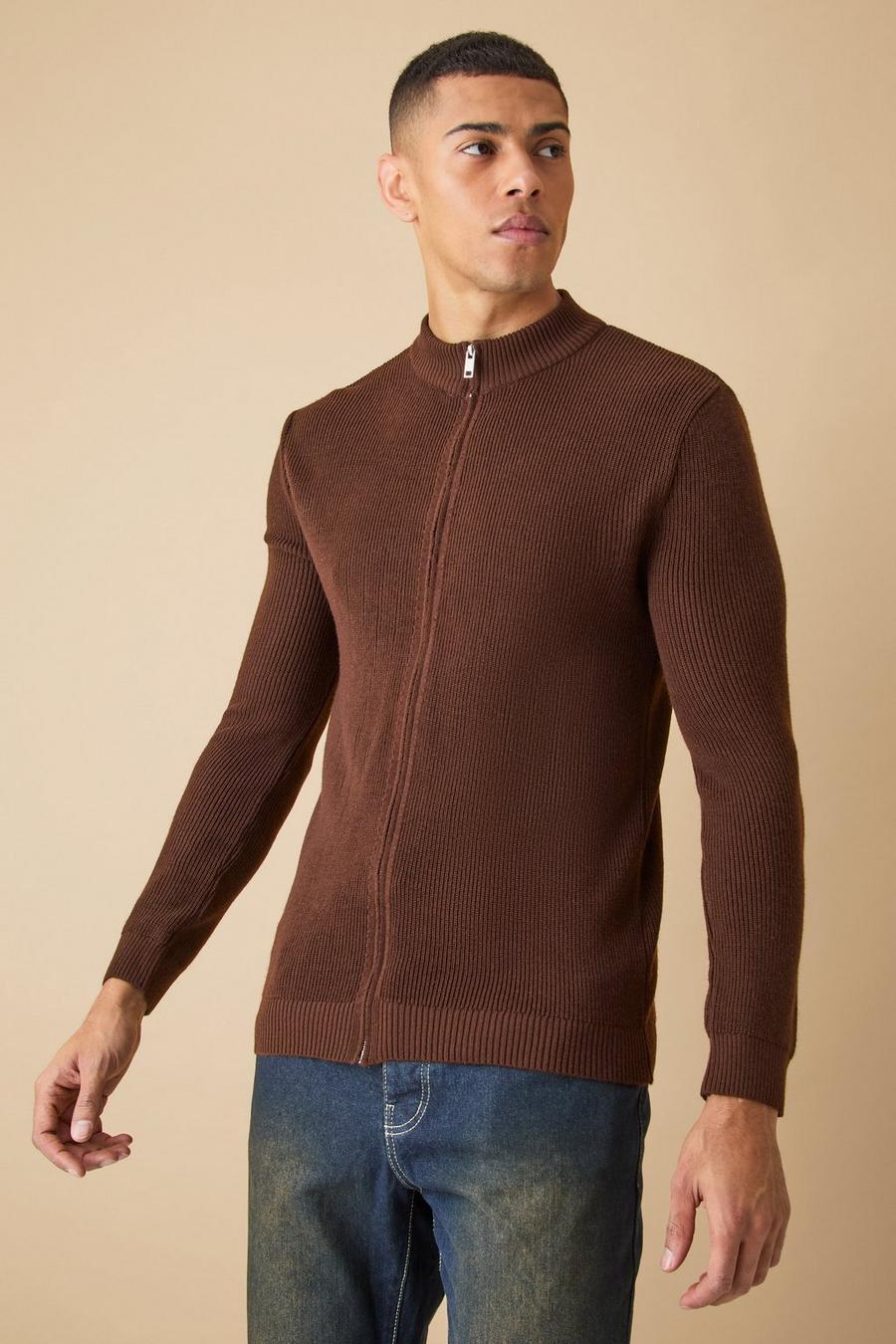 Chocolate Muscle Fit Zip Through Rib Knit Jacket