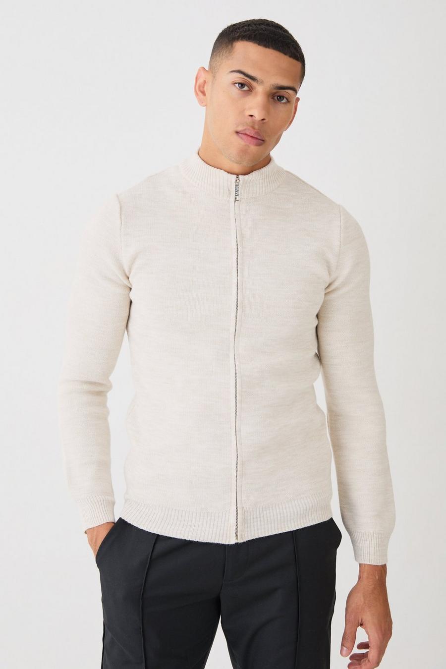 Ecru Muscle Fit Zip Through Knitted Jacket