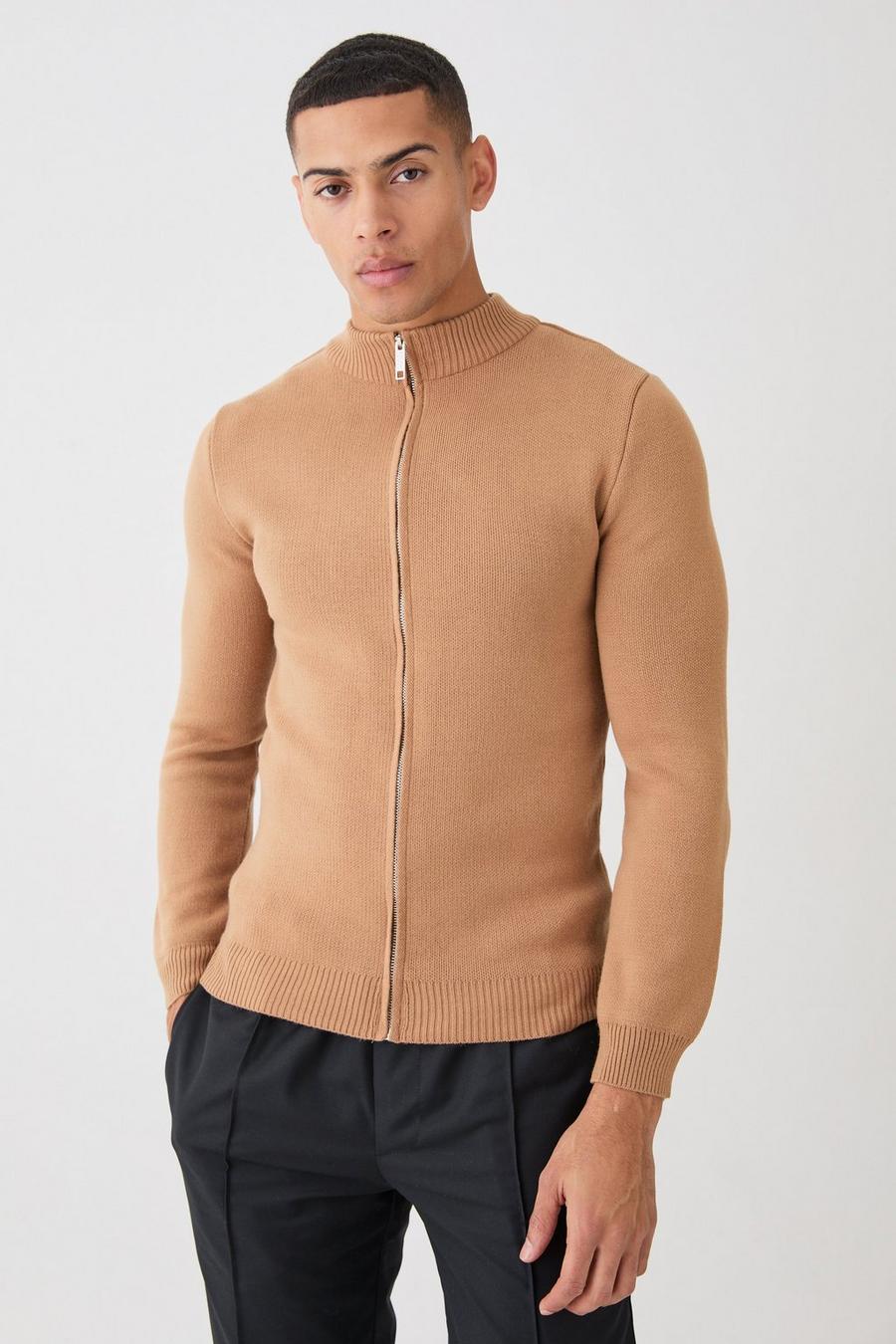 Tan Muscle Fit Zip Through Knitted Jacket