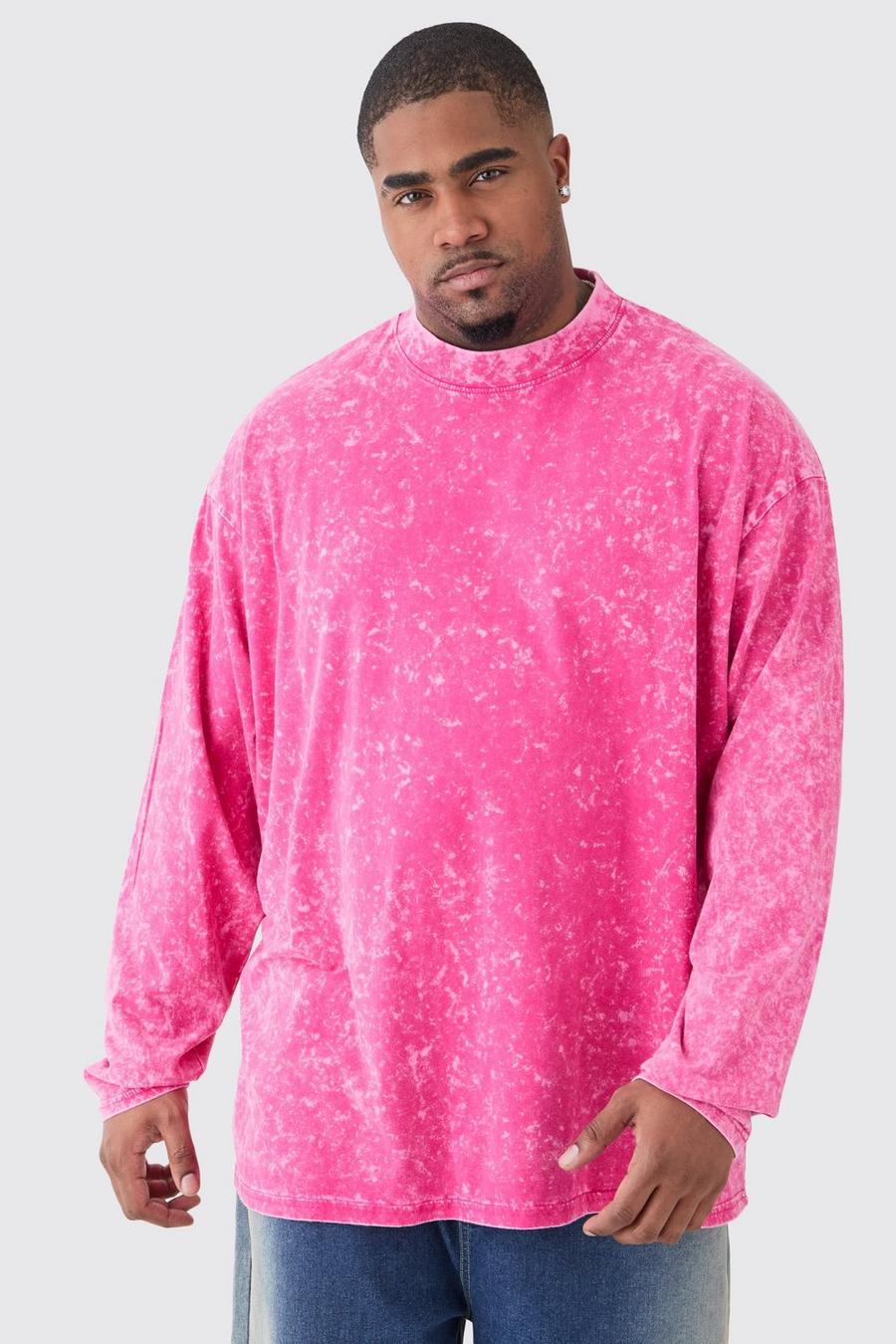 T-shirt Plus Size oversize a maniche lunghe in bucato con girocollo esteso, Pink