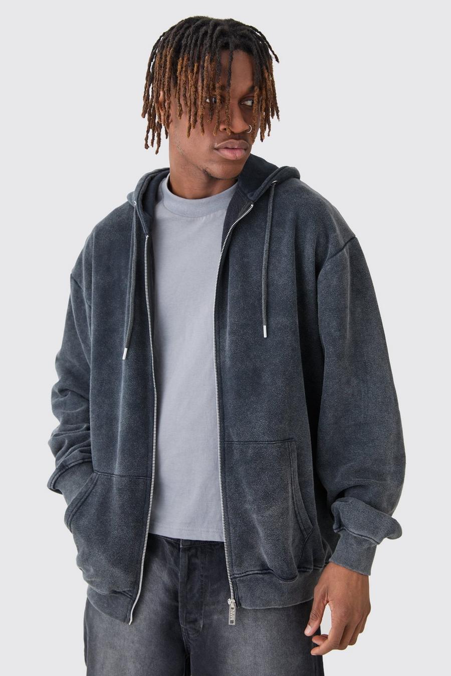Charcoal Plus Oversized  Zip Through Laundered Wash Hoodie