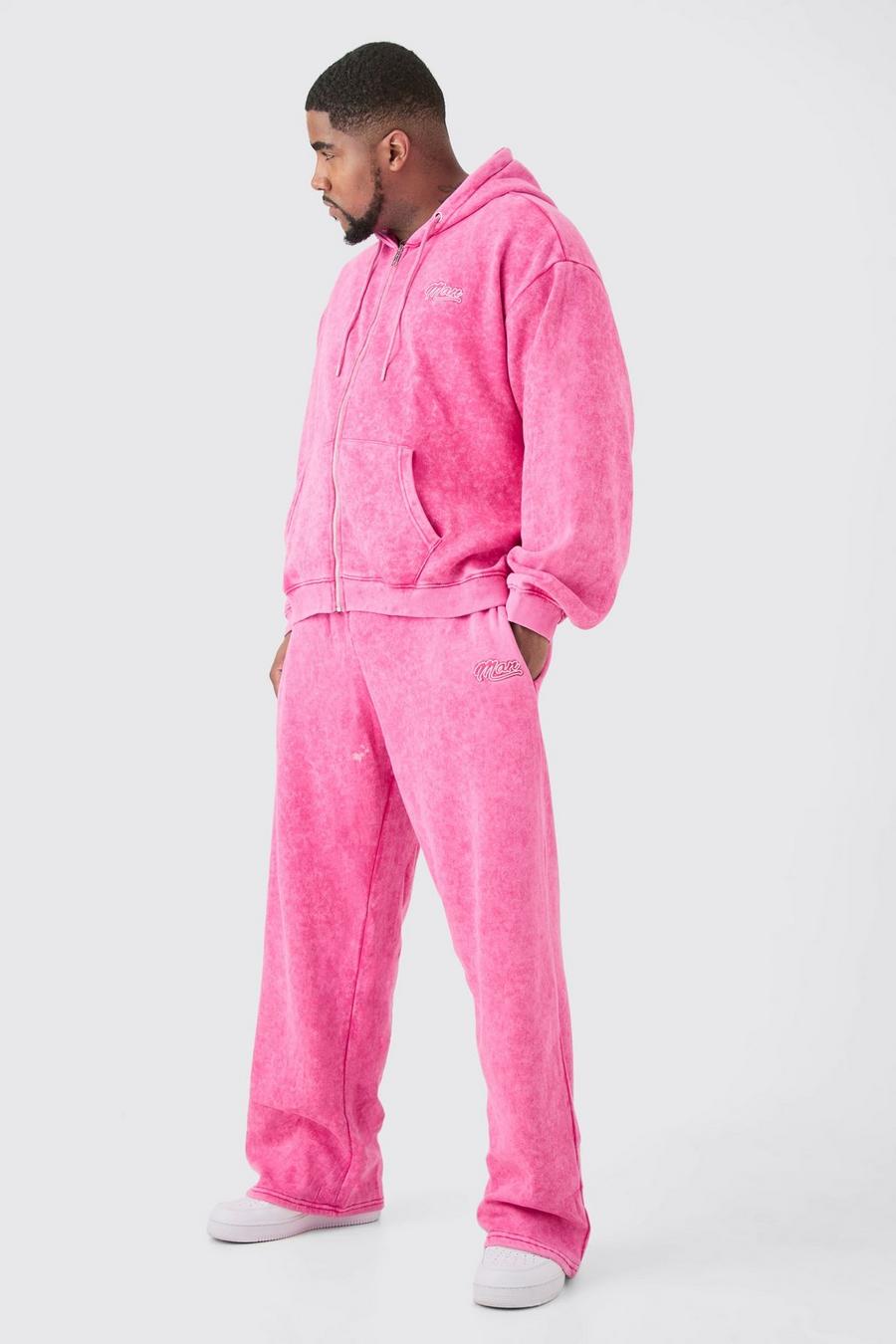 Pink Plus Oversized Man Boxy Zip Hooded Laundered Wash Tracksuit image number 1