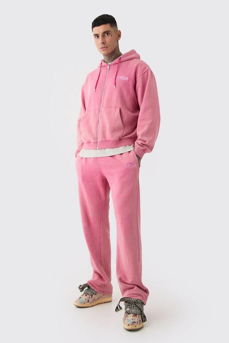 Pink Tall Oversized Man Boxy Zip Hooded Laundered Wash Tracksuit
