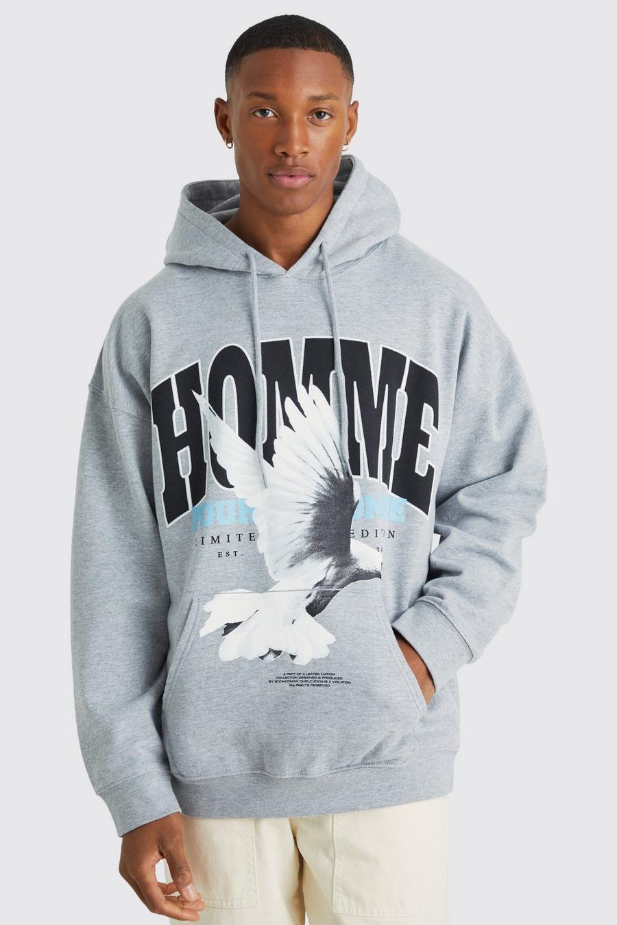 Grey marl Oversized Homme Dove Graphic Hoodie 