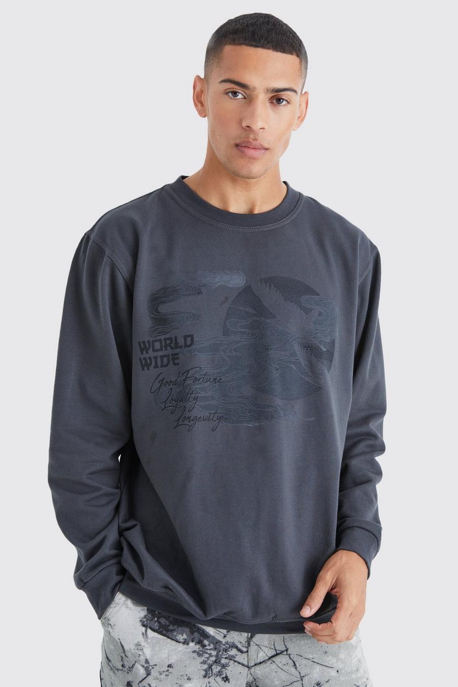 Kastiges Oversize Sweatshirt mit Print, Charcoal