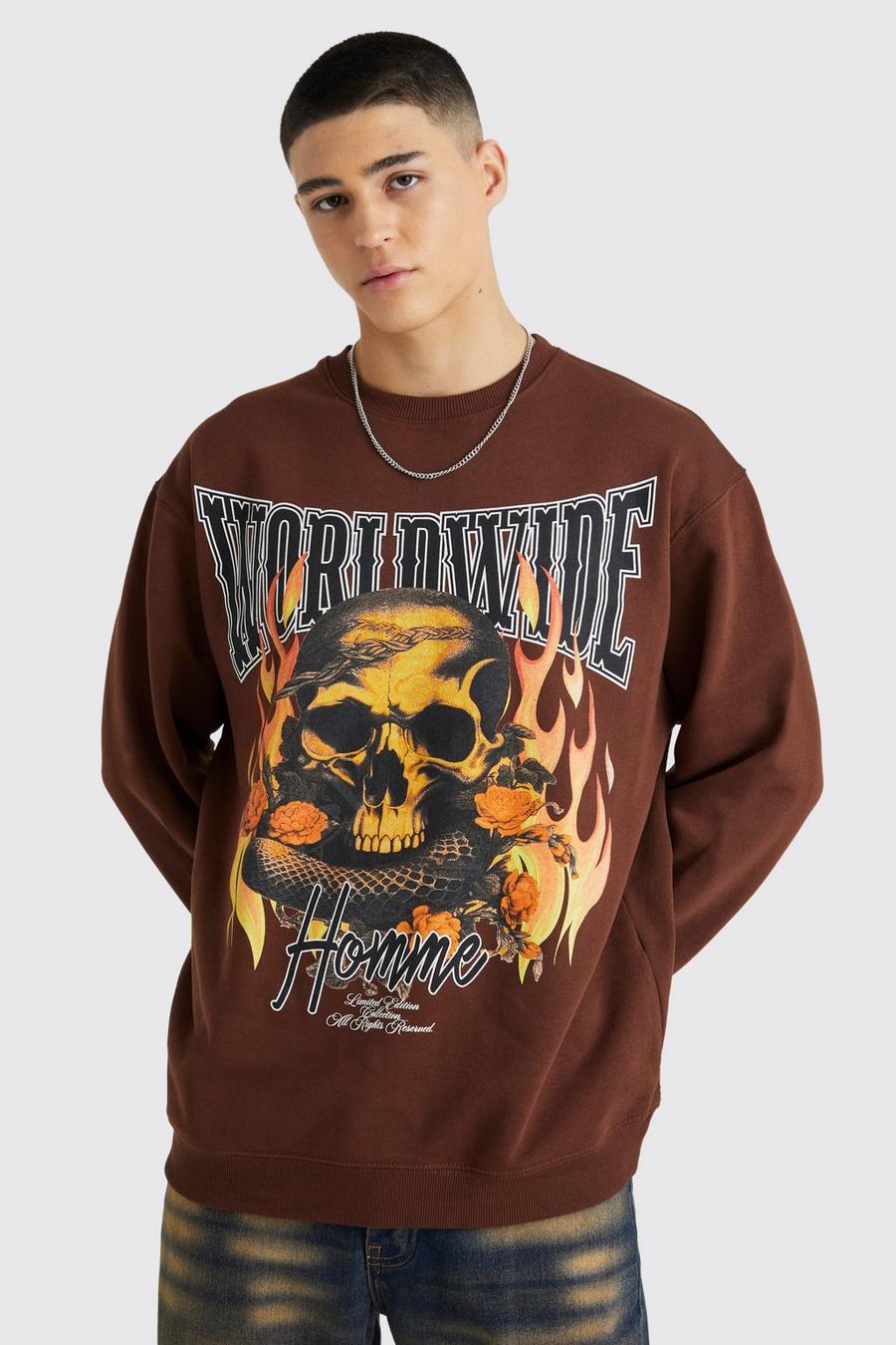 Oversize Sweatshirt mit Totenkopf-Print, Chocolate