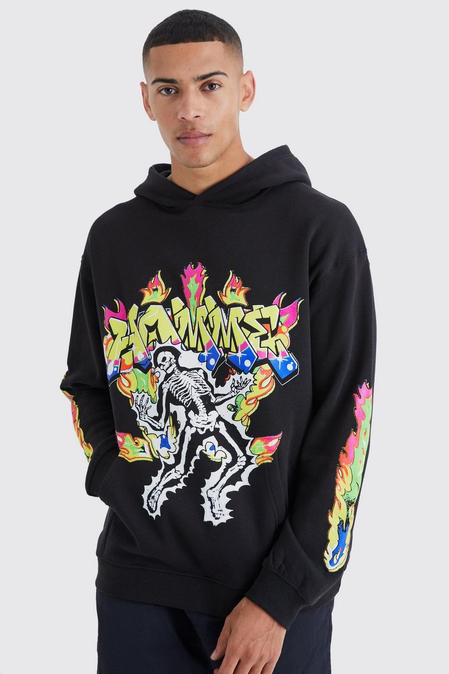 Black Oversized Boxy Flame Graphic Hoodie