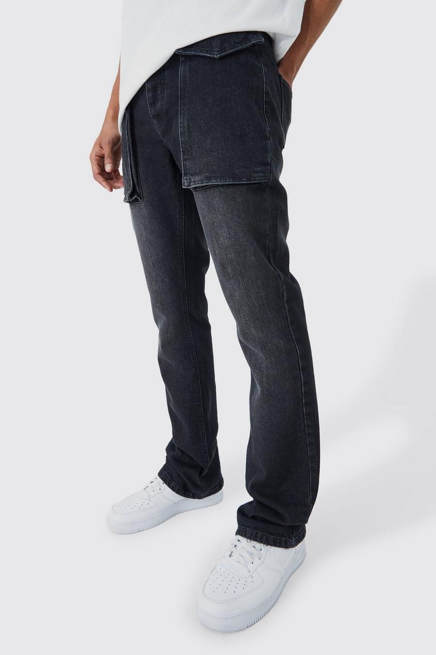 Jeans Slim Fit in denim rigido color antracite con tasche a zampa in rilievo, Charcoal