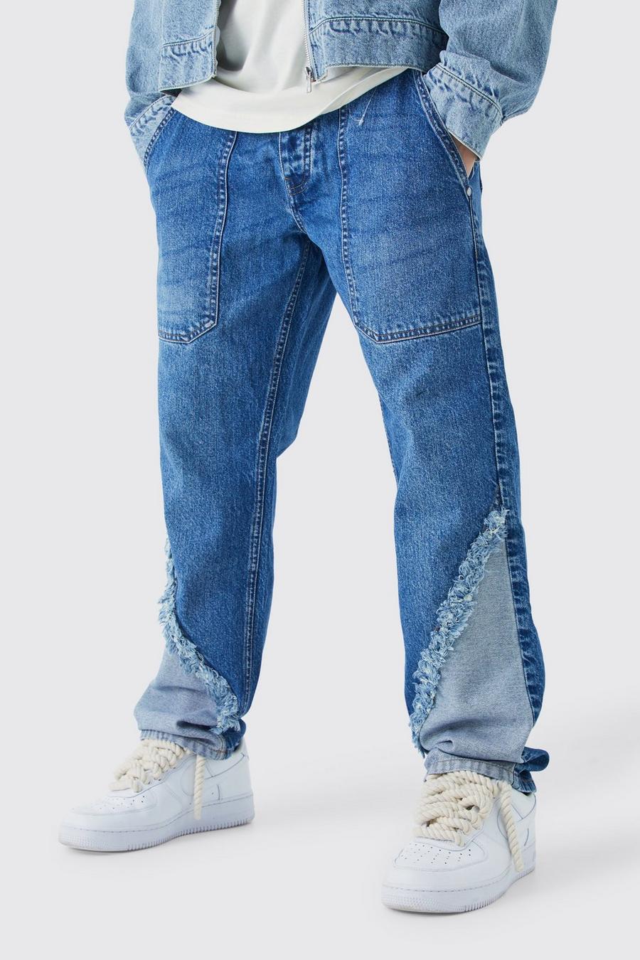 Jeans rilassati in denim rigido effetto patchwork in blu medio, Mid blue