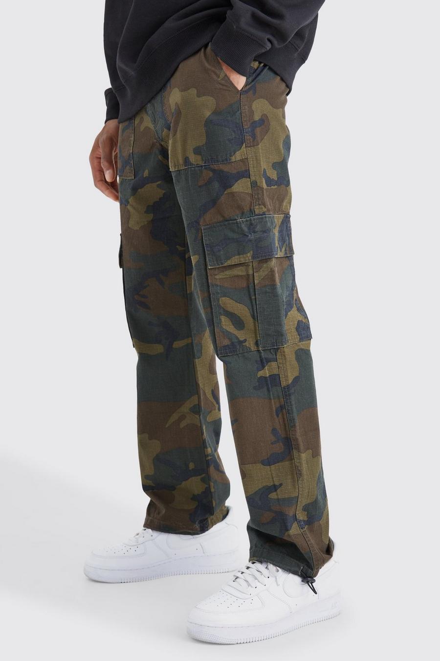 Pantalon droit à imprimé camouflage, Khaki
