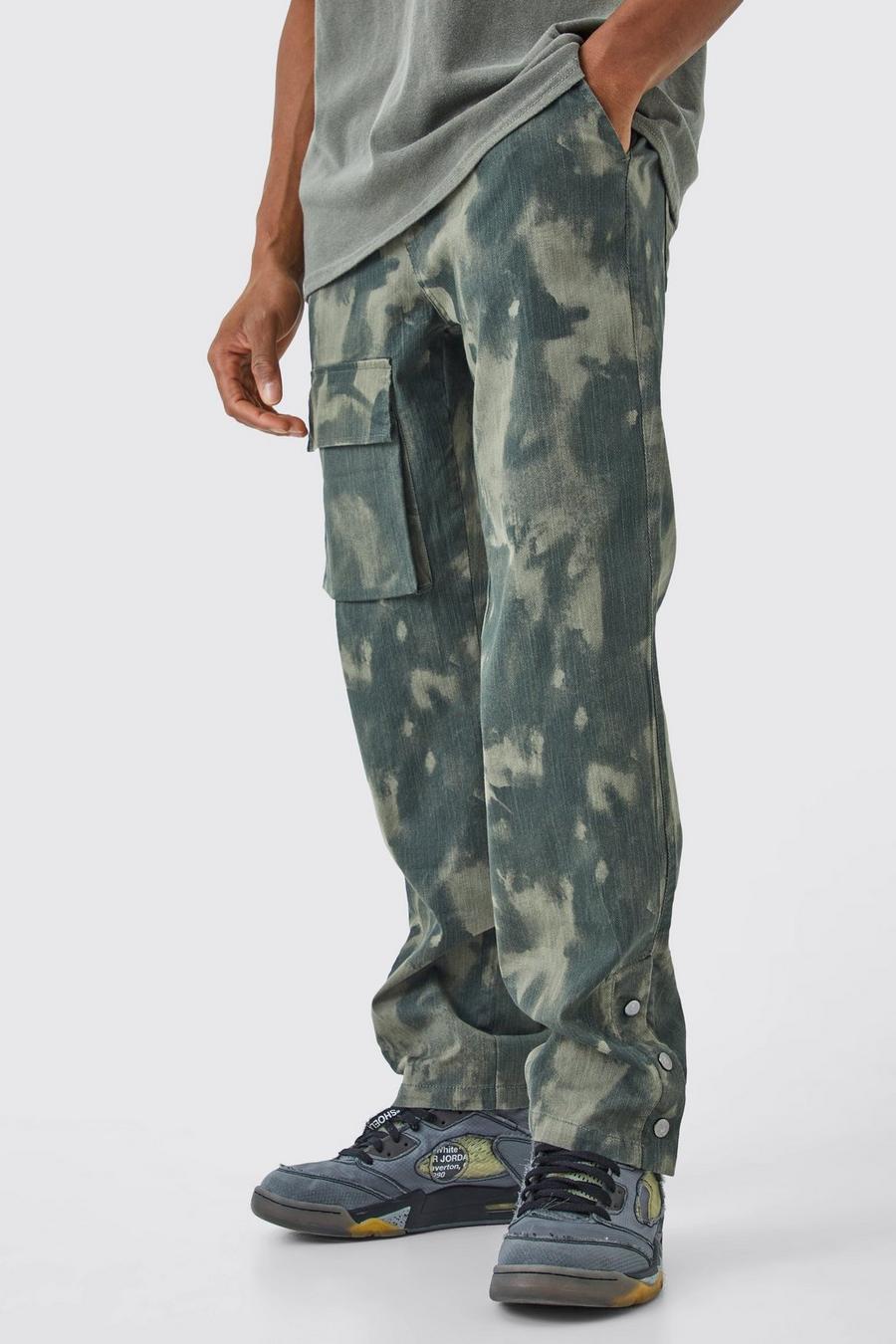 Pantaloni Cargo Slim Fit in fantasia militare con bottoni a pressione sul fondo, Khaki