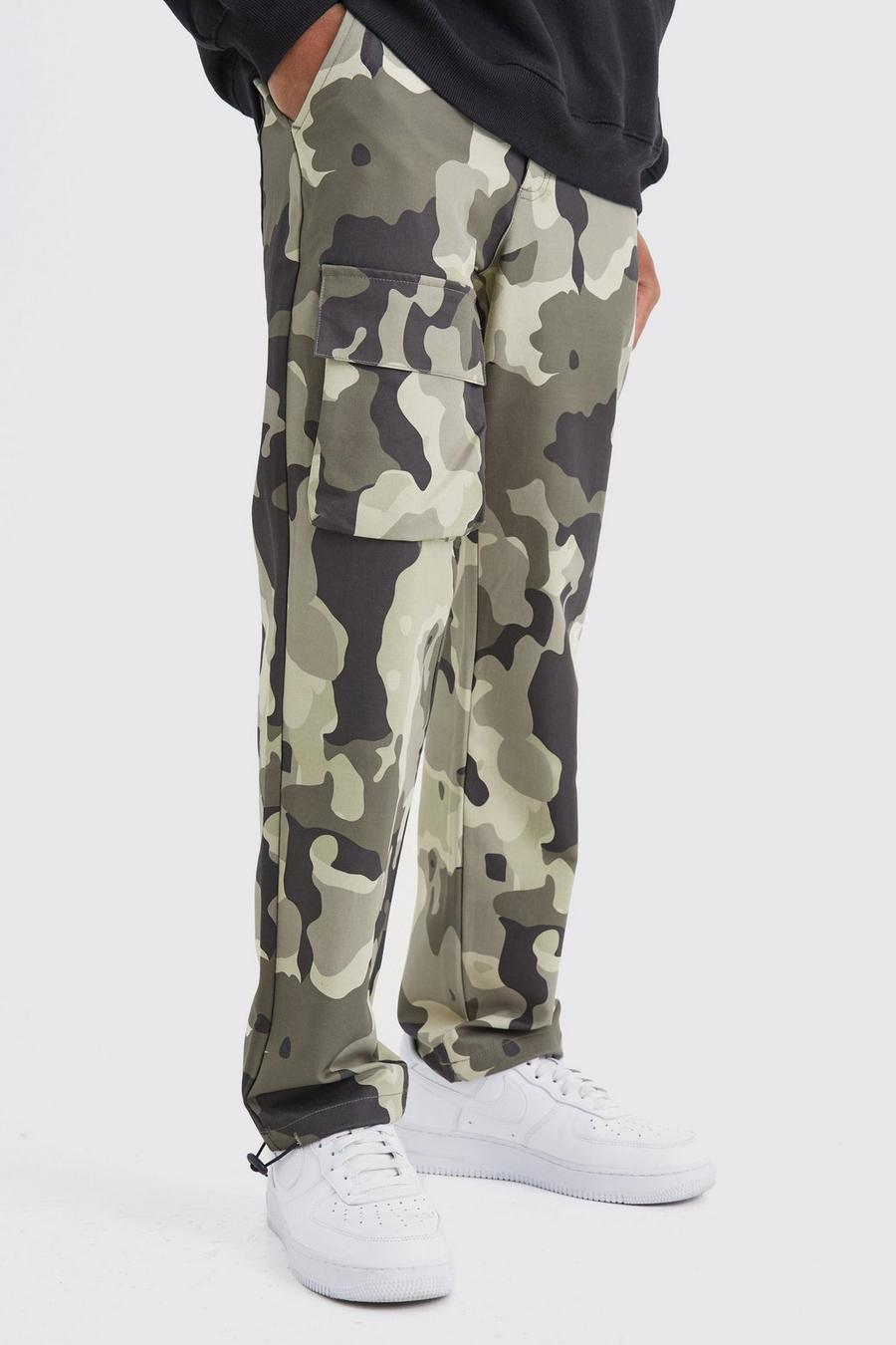 Pantalon cargo droit à imprimé camouflage, Khaki