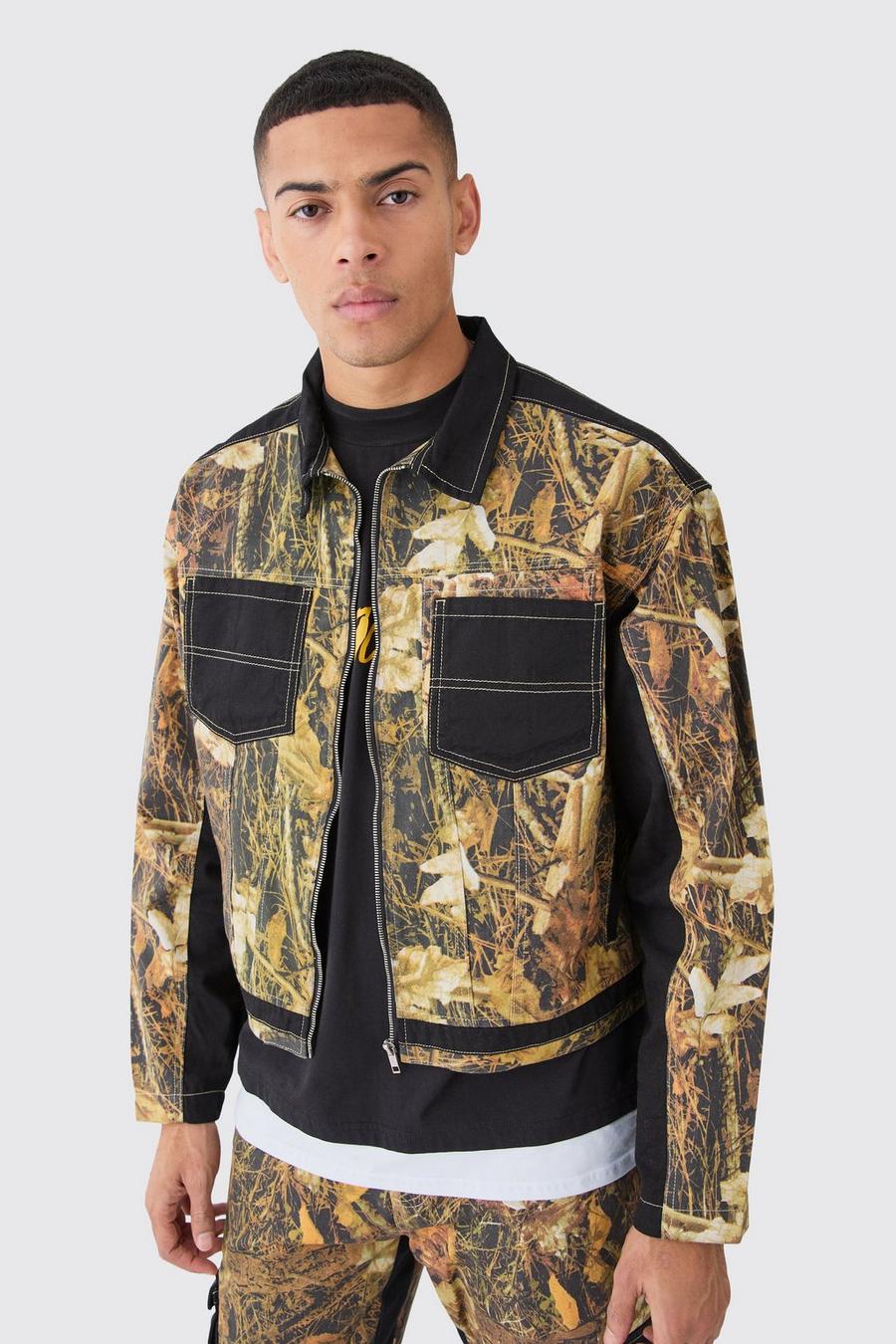 Khaki Oversize kamouflagemönstrad harringtonjacka i twill image number 1
