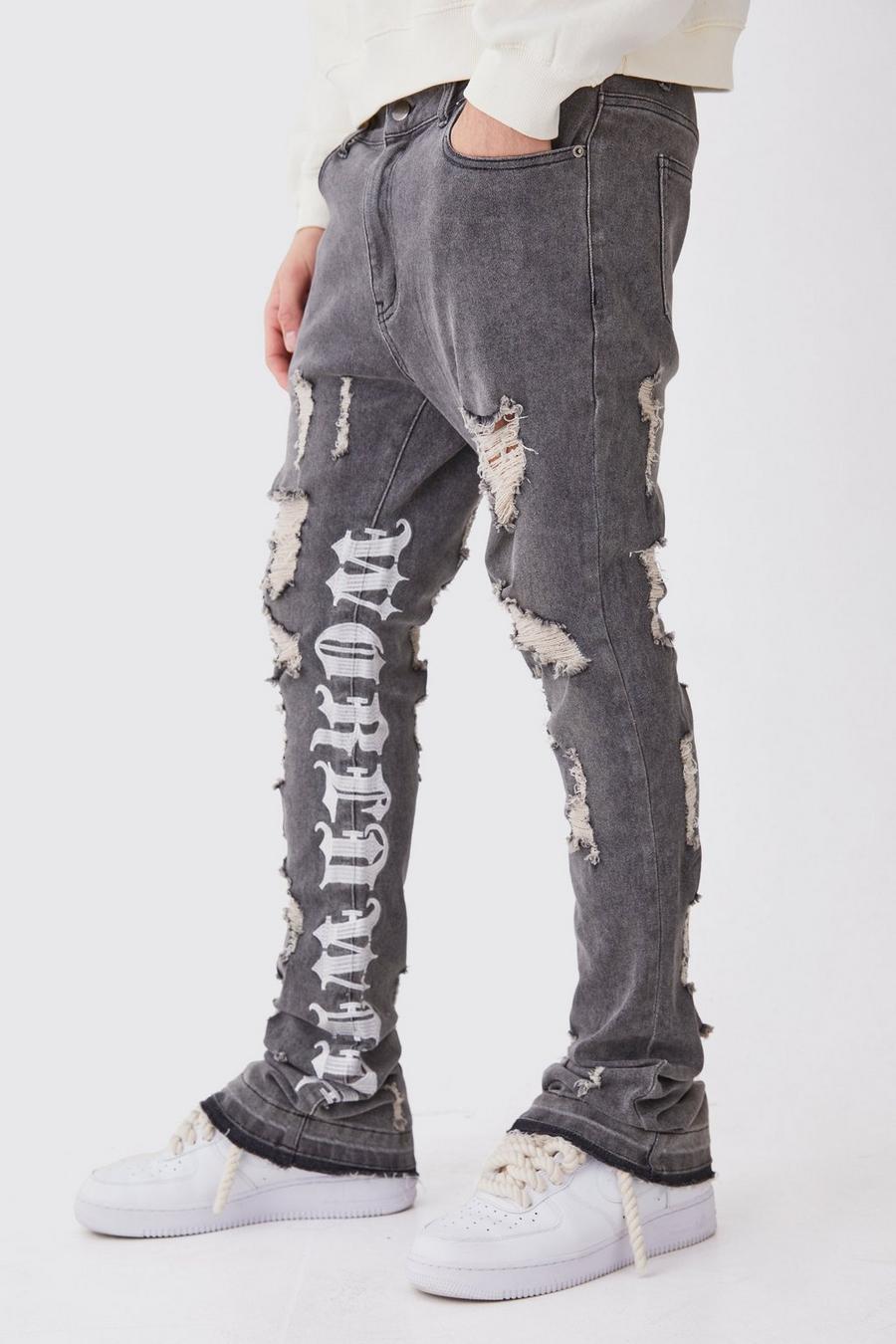 Washed black Skinny Stretch Stacked Distressed Embroidered Gusset Jeans